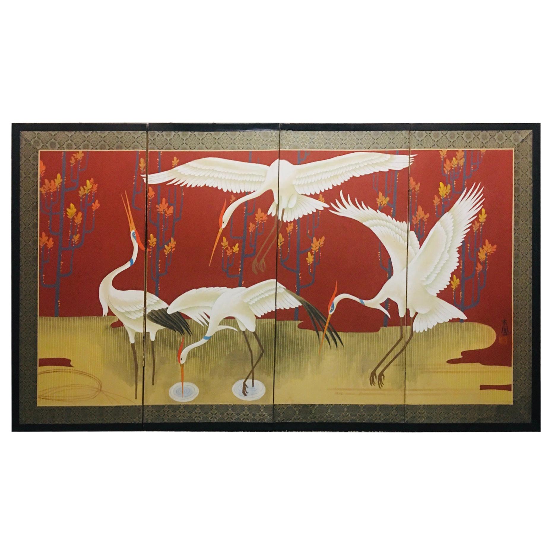 Japanischer Paravent aus der Showa-Zeit mit gemalten Cranes im Angebot