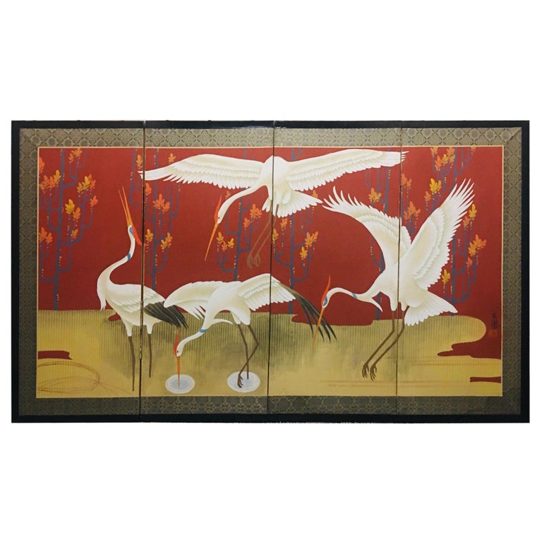 Japanese Showa Period Folding Screen with Painted Cranes For Sale