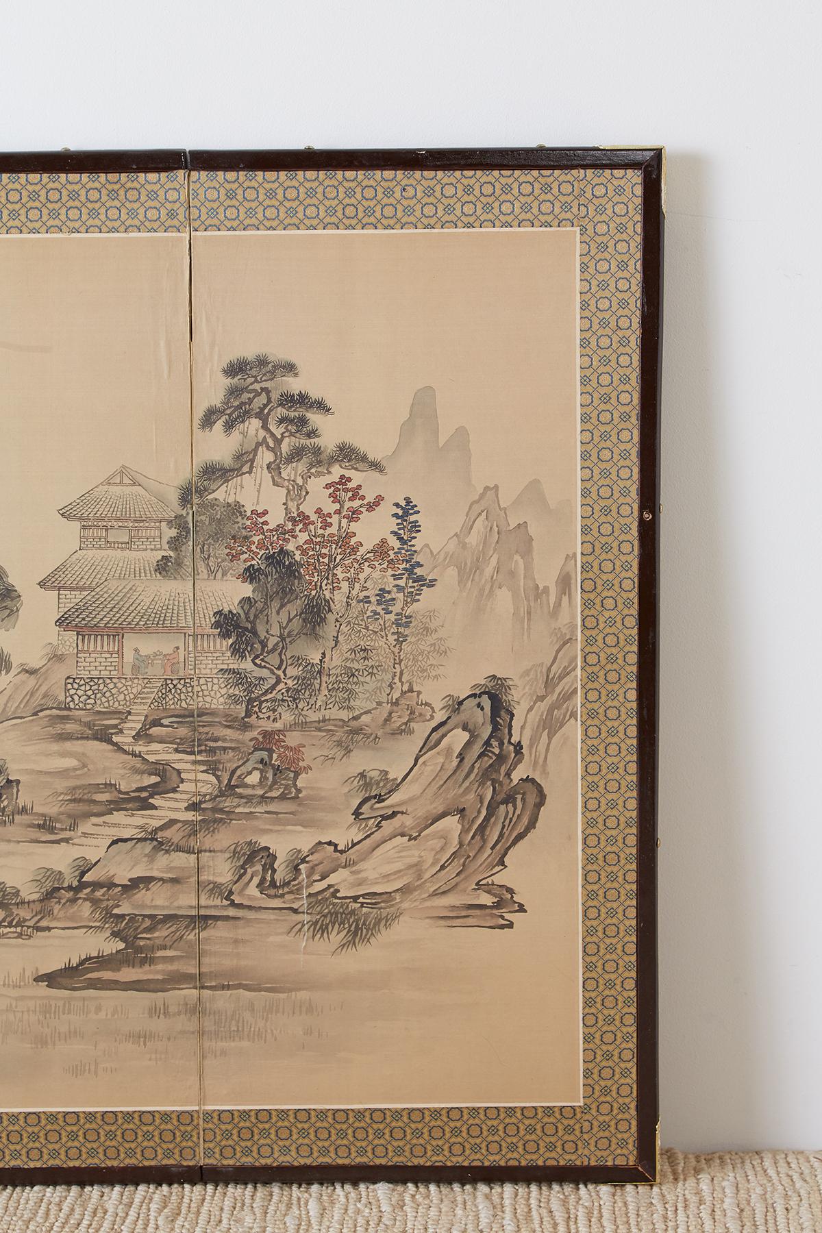 Brass Japanese Showa Period Four Panel Landscape Screen