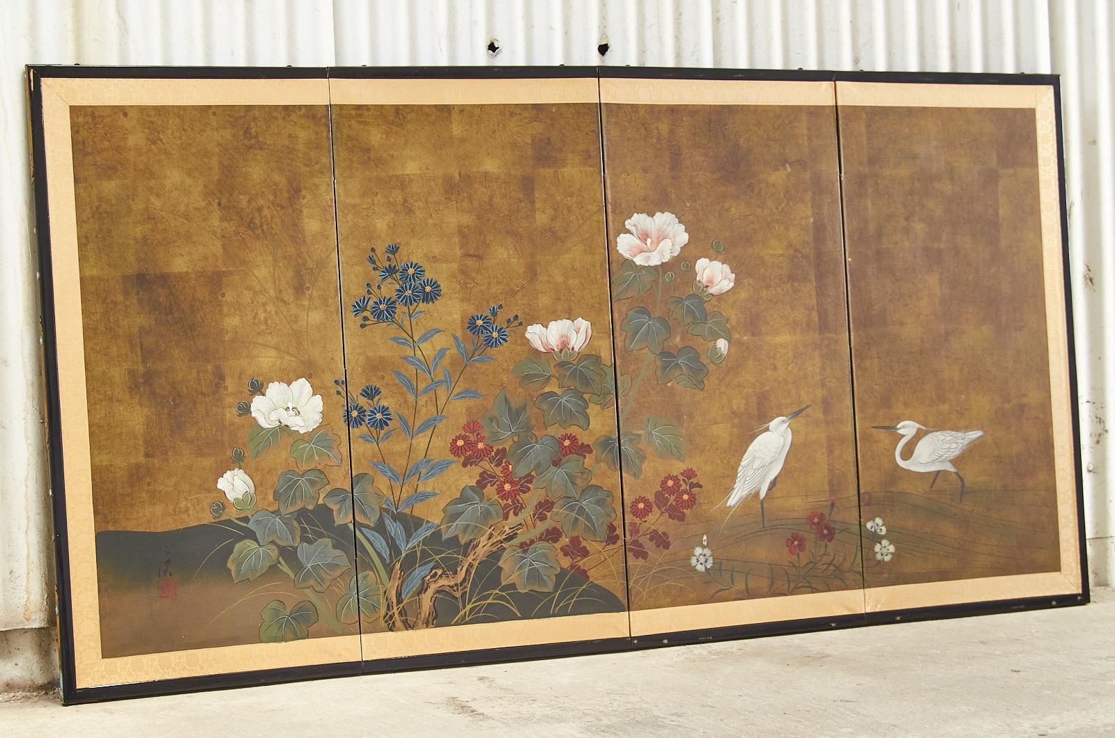 Lacquered Japanese Showa Period Four Panel Screen Egrets with Flowers