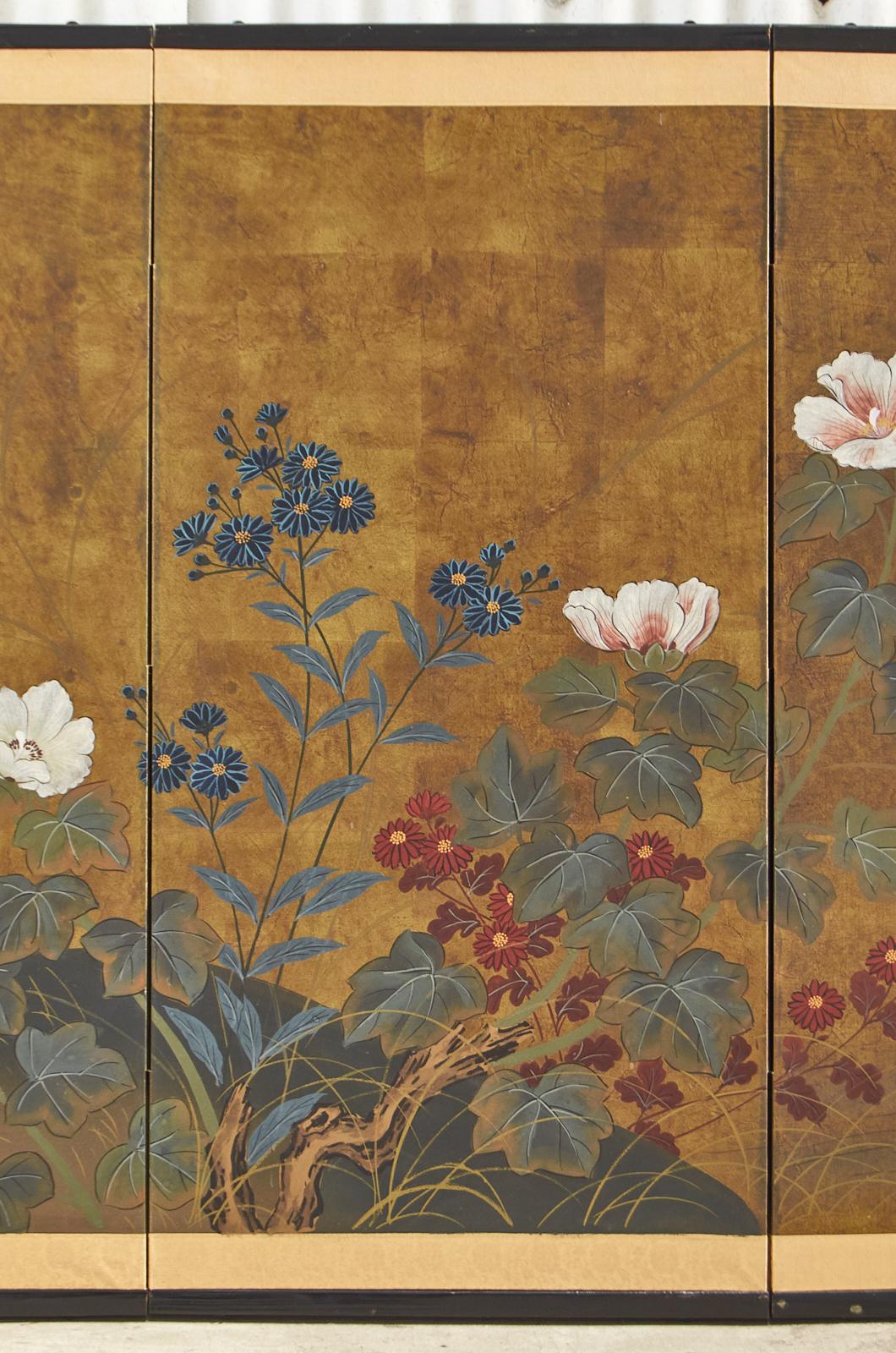 20th Century Japanese Showa Period Four Panel Screen Egrets with Flowers