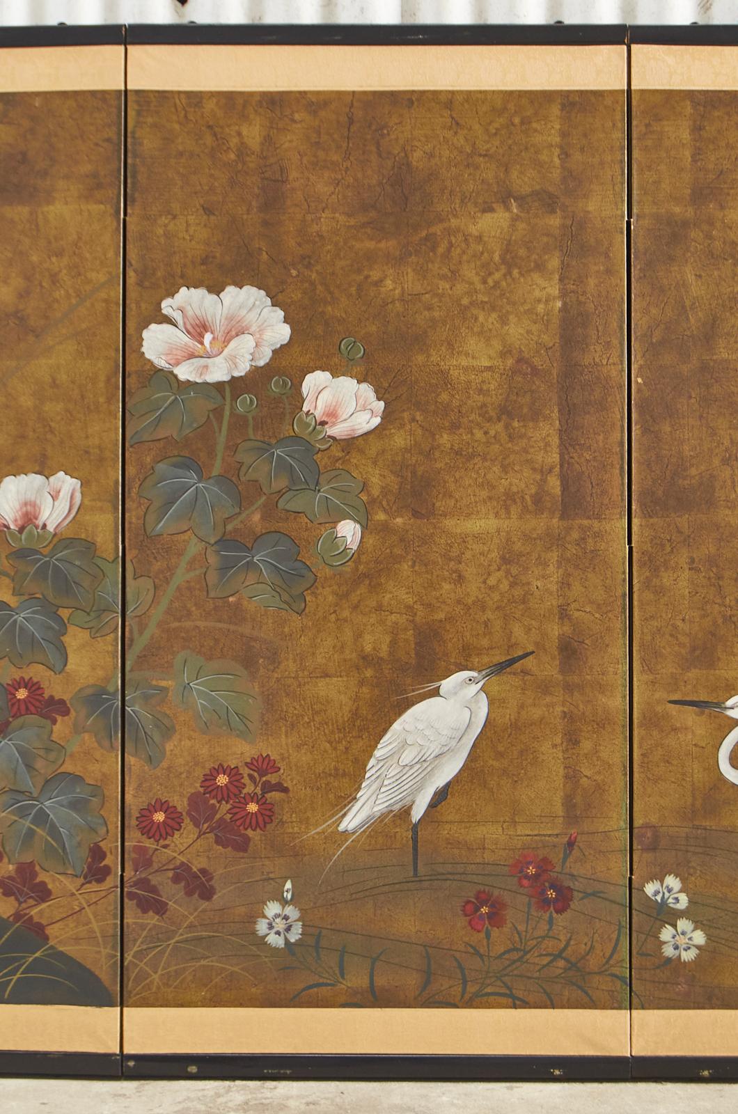 Brass Japanese Showa Period Four Panel Screen Egrets with Flowers