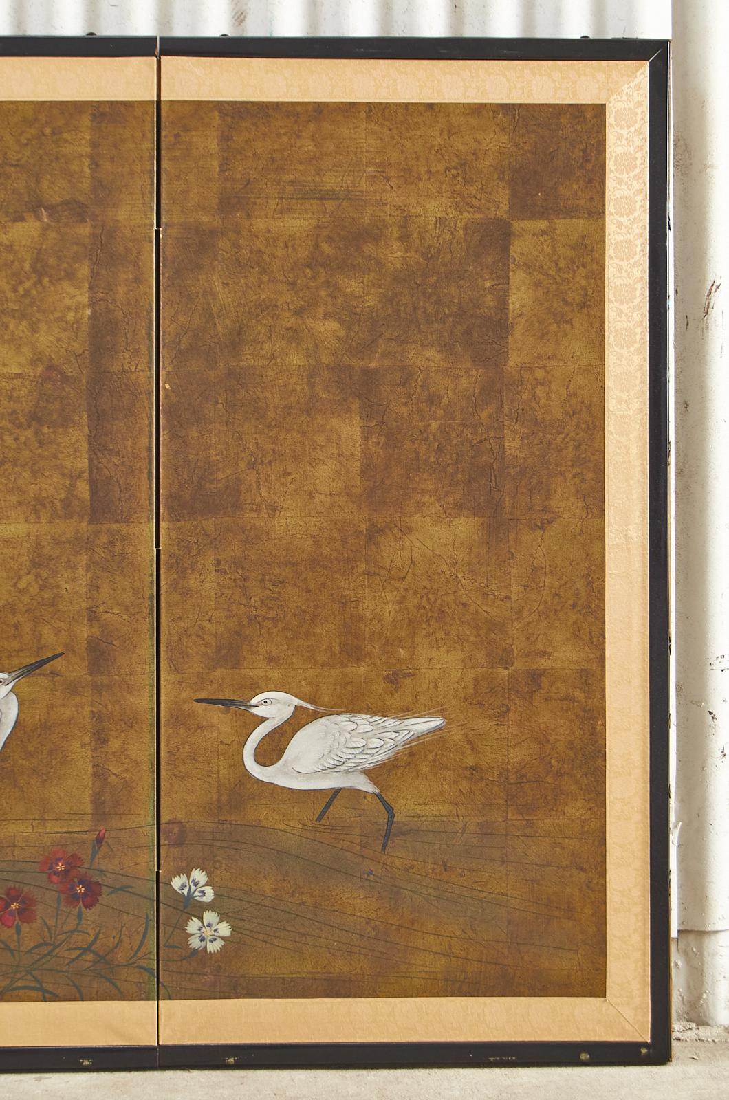 Japanese Showa Period Four Panel Screen Egrets with Flowers 1