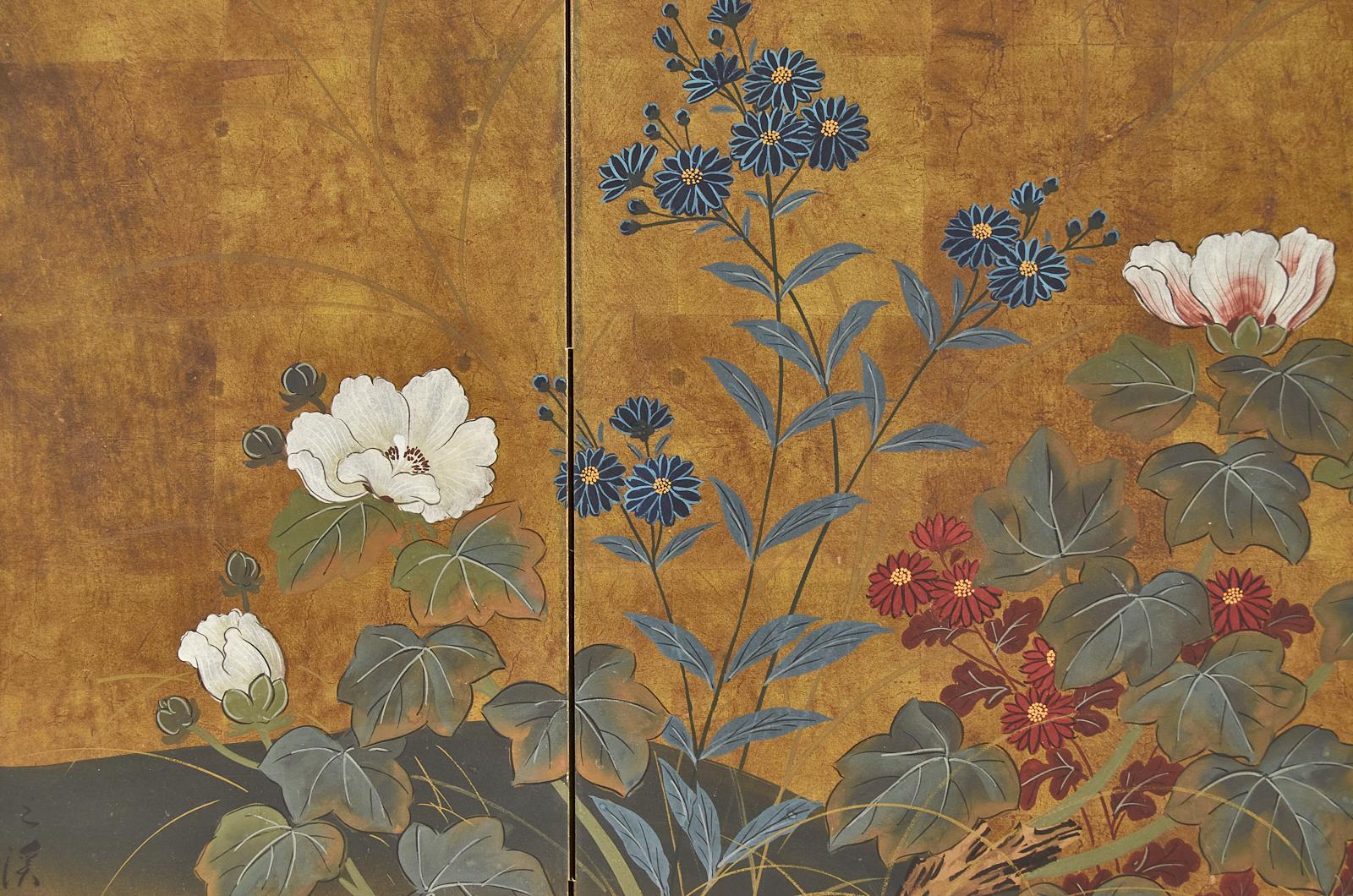 Japanese Showa Period Four Panel Screen Egrets with Flowers 2