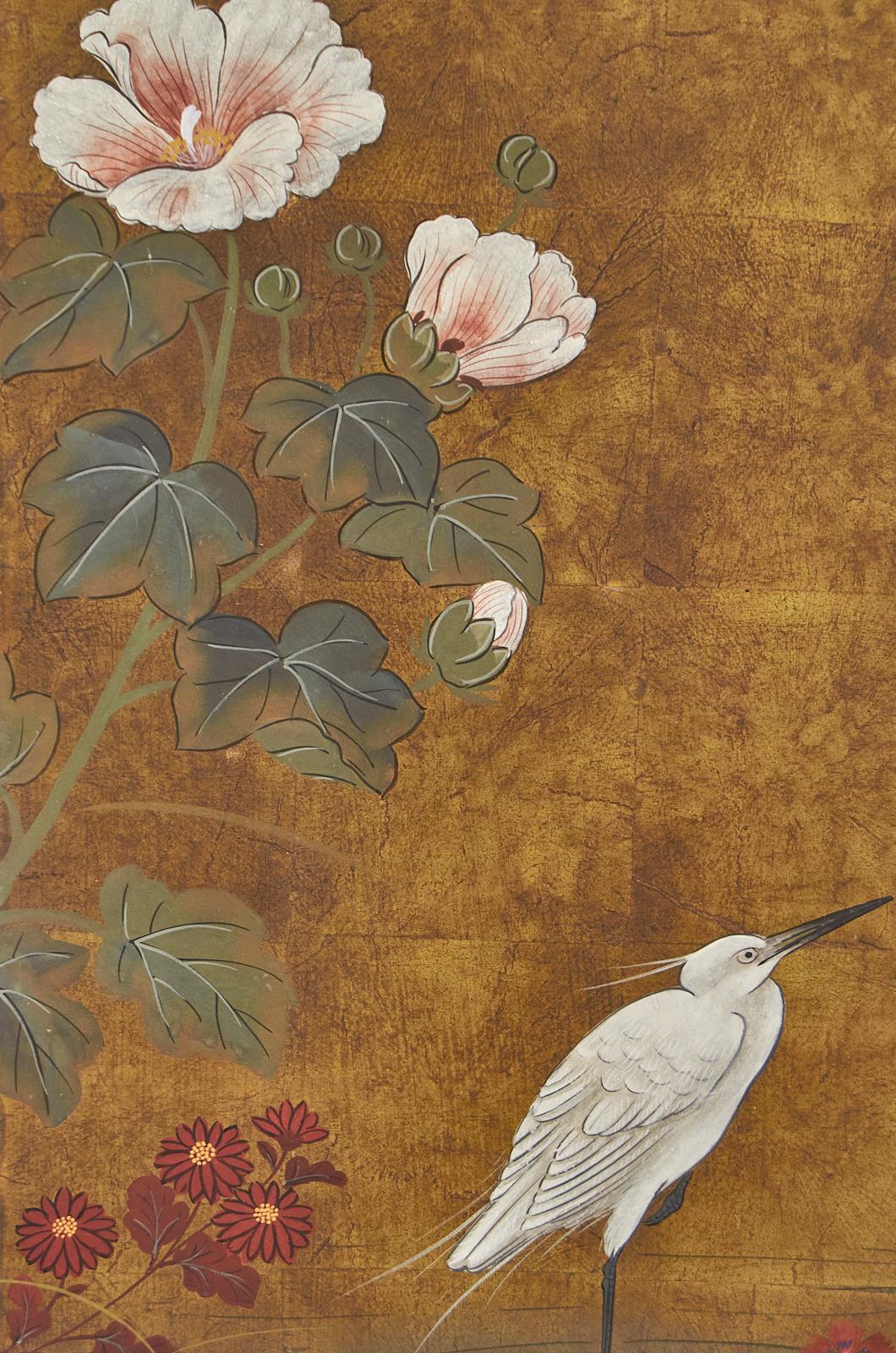 Japanese Showa Period Four Panel Screen Egrets with Flowers 3