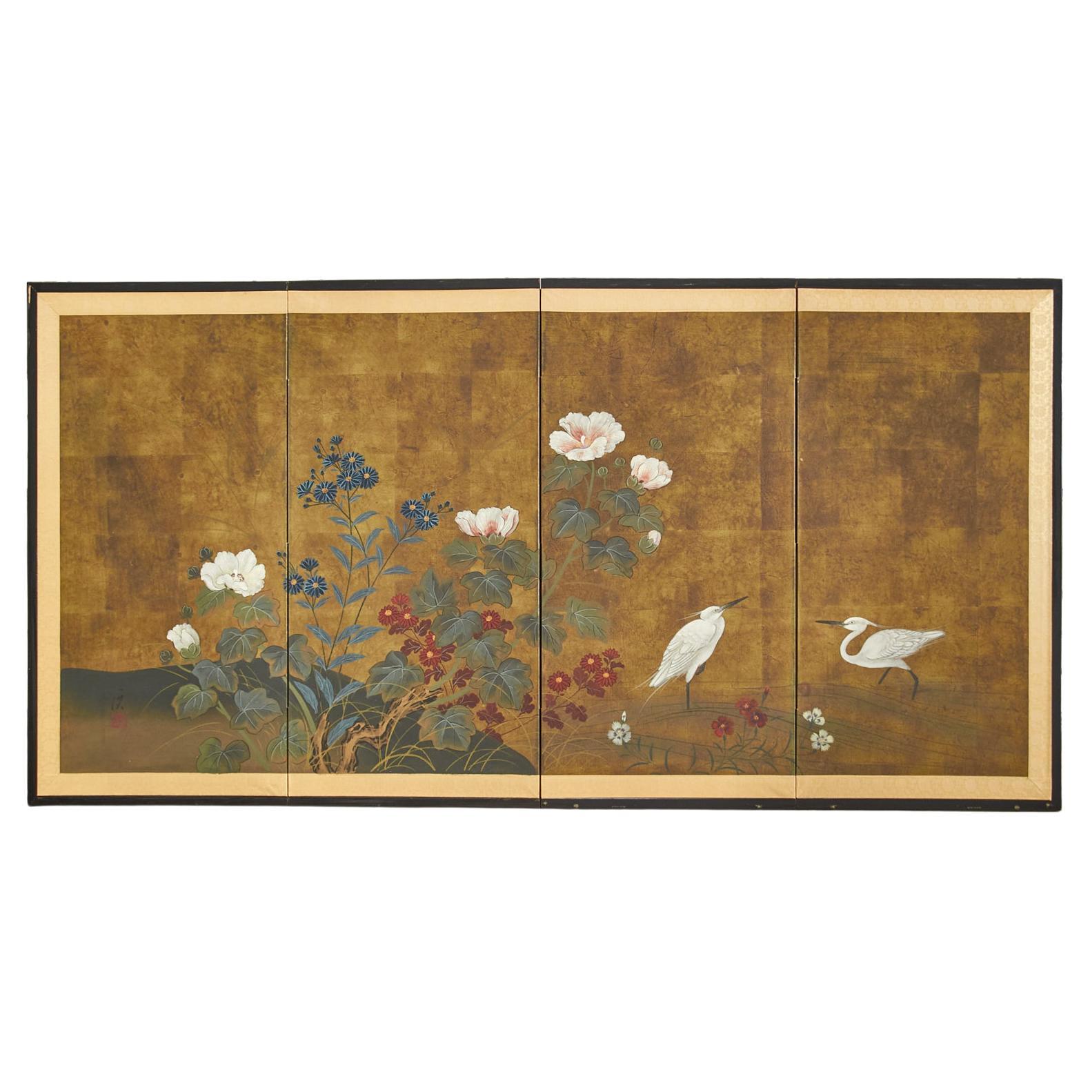 Japanese Showa Period Four Panel Screen Egrets with Flowers