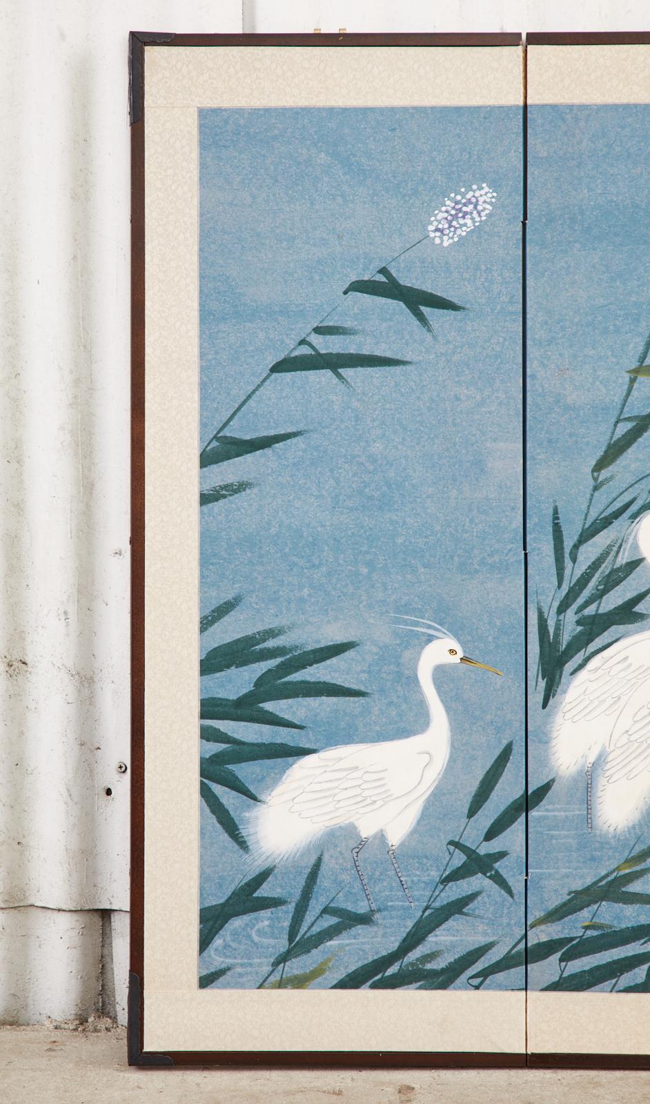 20th Century Japanese Showa Period Four Panel Screen Heron Landscape