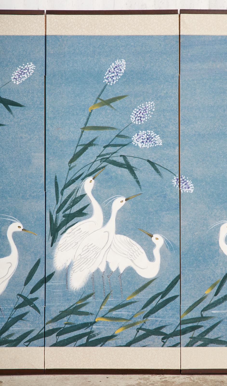 Wood Japanese Showa Period Four Panel Screen Heron Landscape