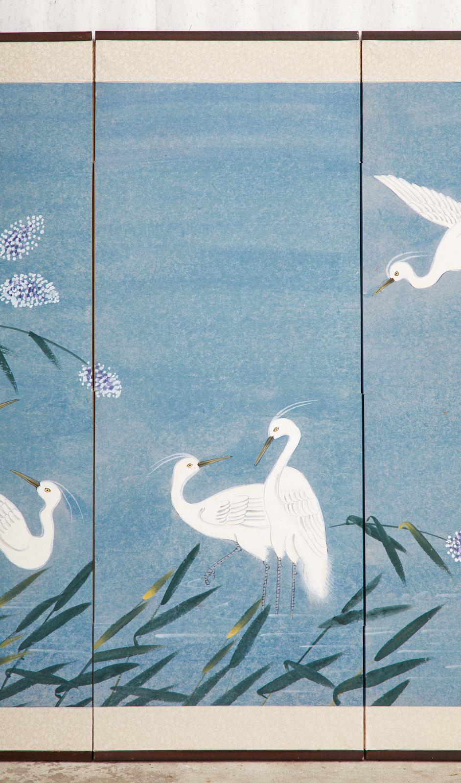 Japanese Showa Period Four Panel Screen Heron Landscape 1
