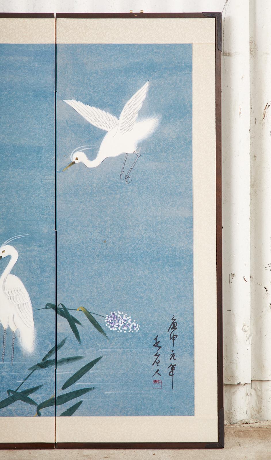 Japanese Showa Period Four Panel Screen Heron Landscape 2