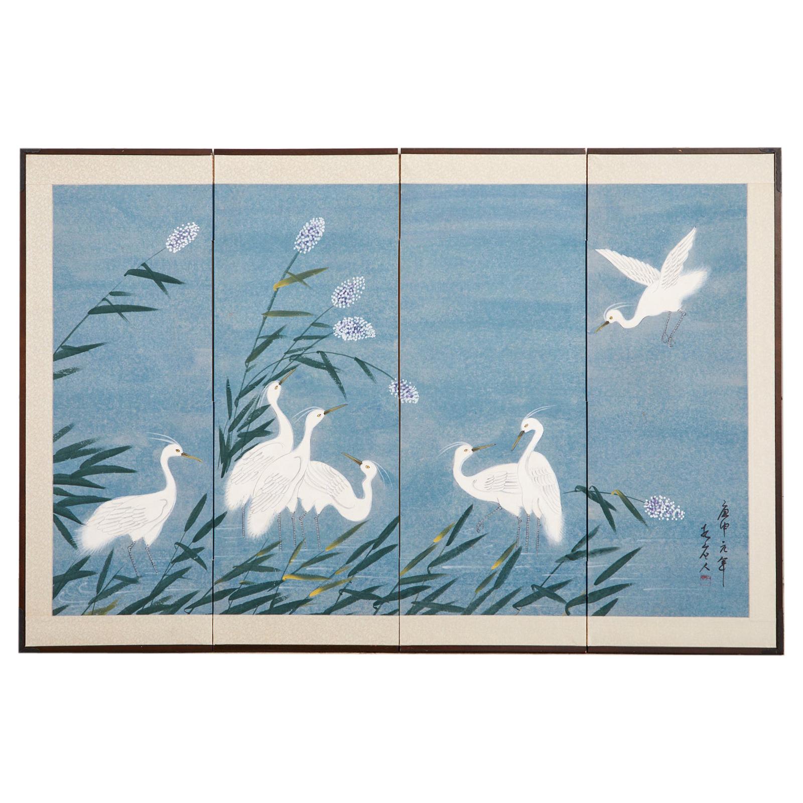 Japanese Showa Period Four Panel Screen Heron Landscape