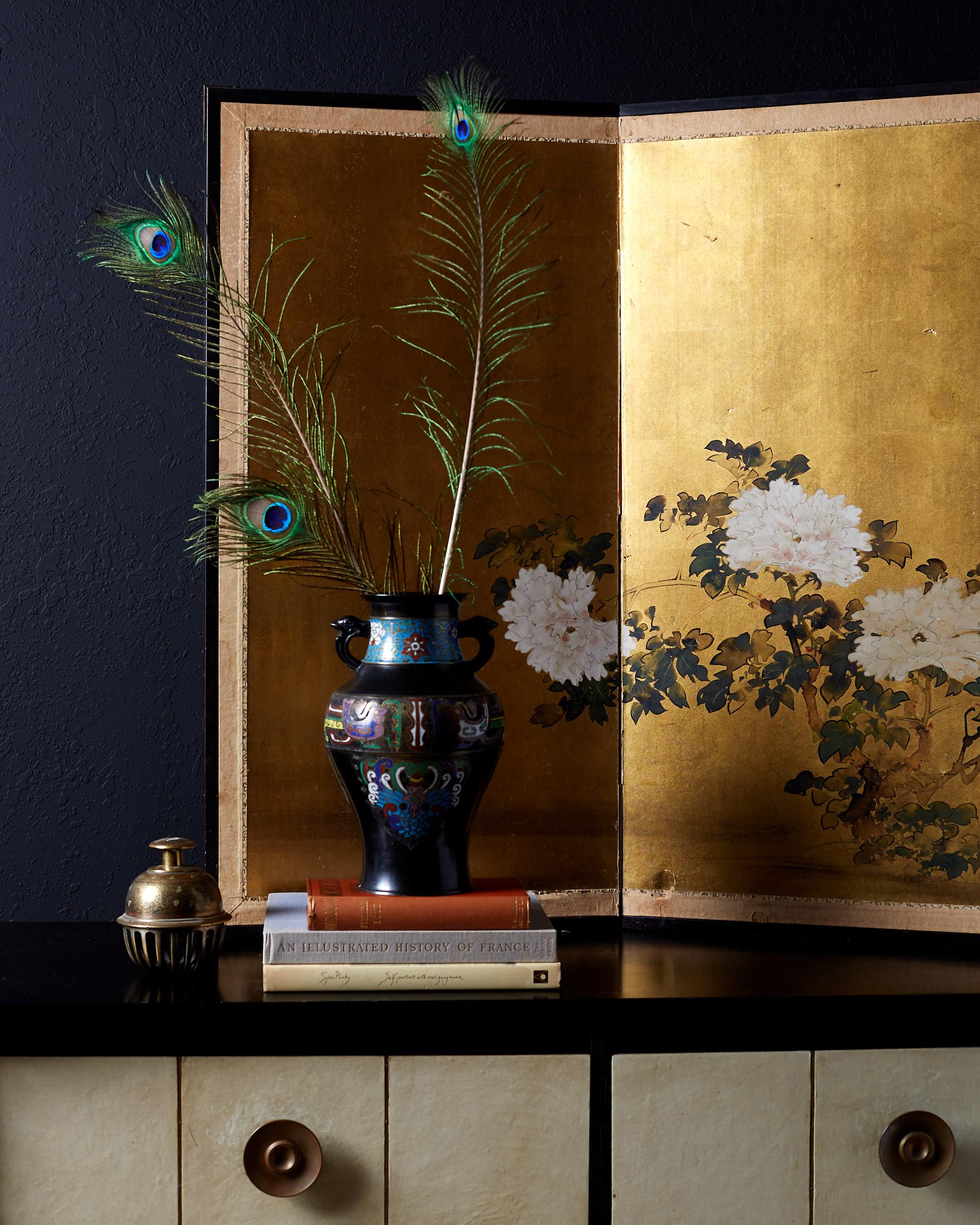 Gorgeous Japanese Showa period four-panel byobu screen of white peonies. Elegantly painted on squares of gold leaf with a beautiful vintage patina. The screen has minor losses on the front panels, but shows beautifully laid flat or mounted on a