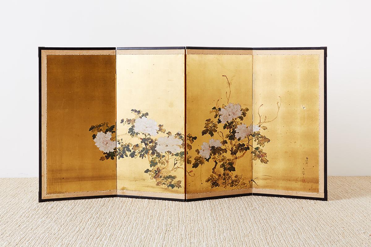 Ebonized Japanese Showa Period Four-Panel Screen of Peonies