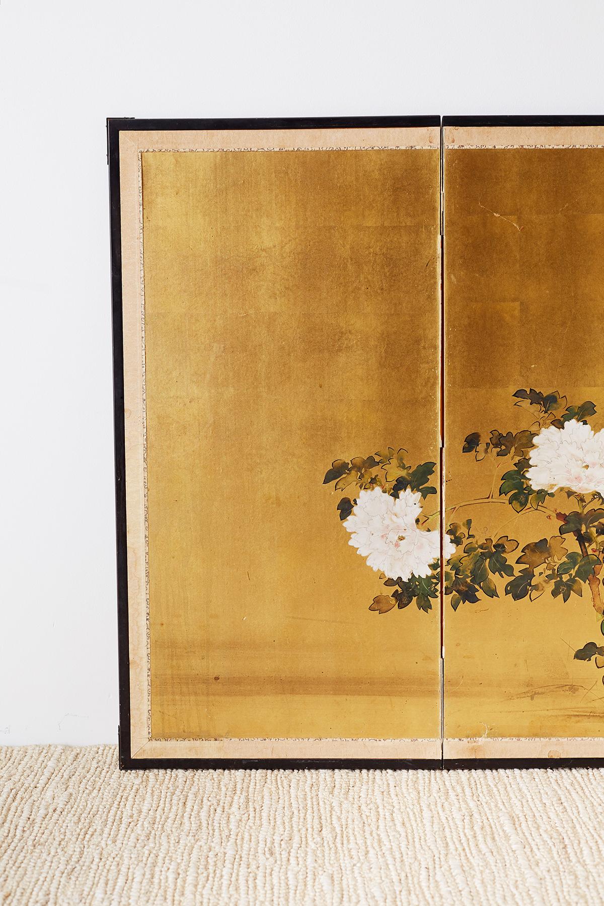 Japanese Showa Period Four-Panel Screen of Peonies In Fair Condition In Rio Vista, CA