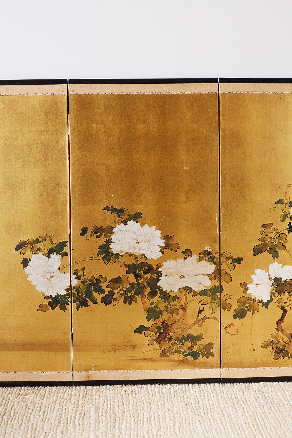 20th Century Japanese Showa Period Four-Panel Screen of Peonies