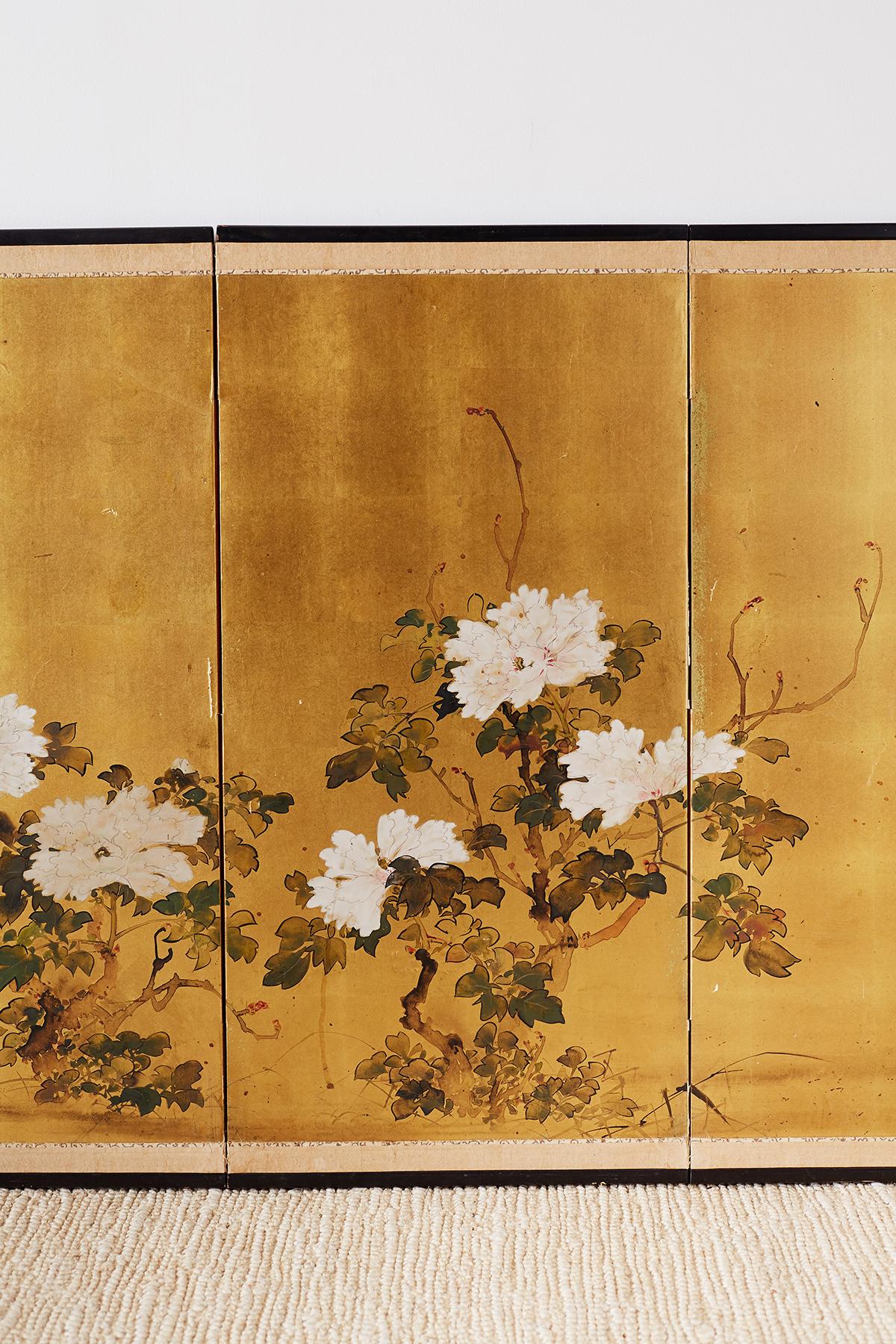 Brass Japanese Showa Period Four-Panel Screen of Peonies