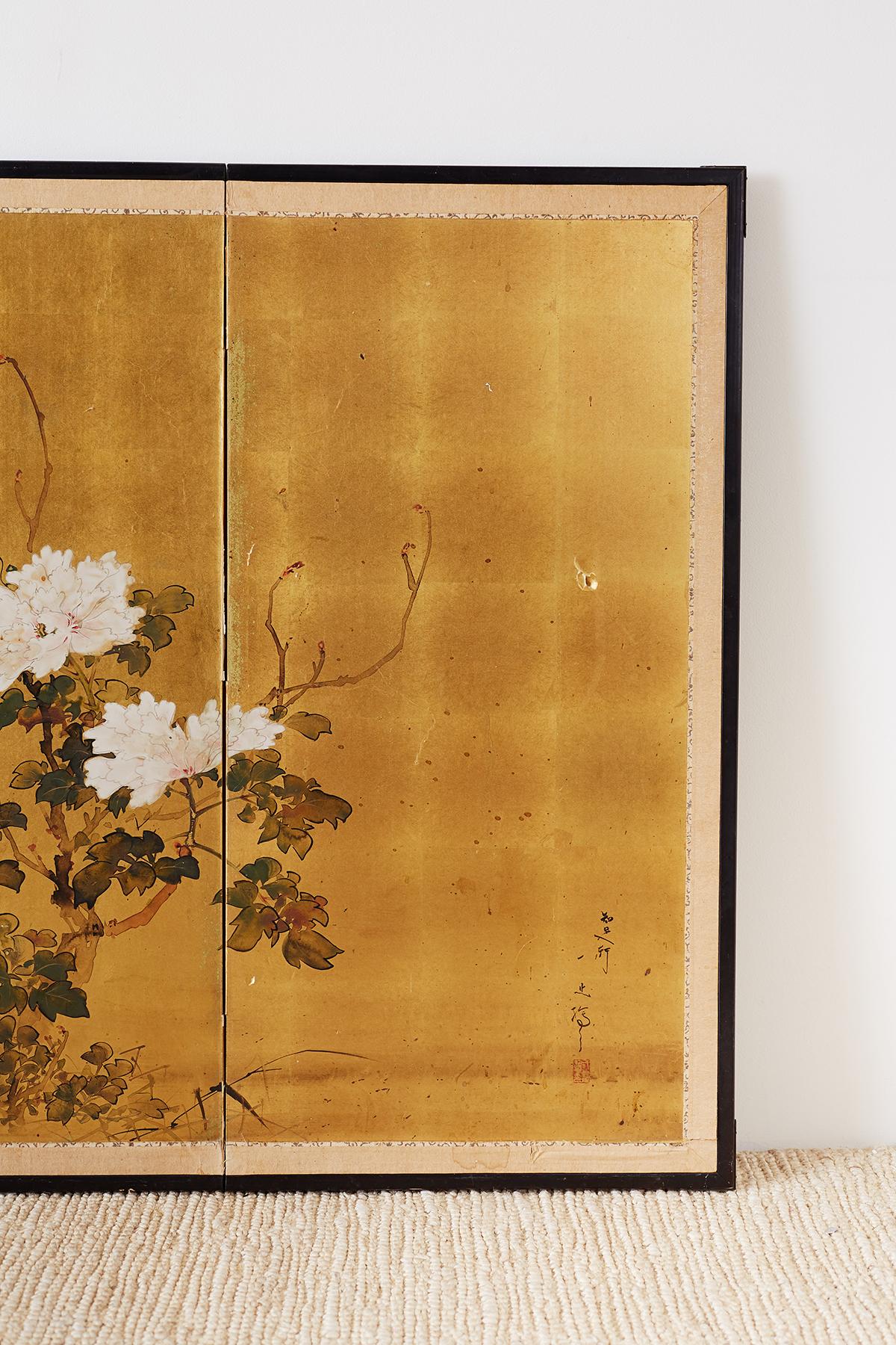 Japanese Showa Period Four-Panel Screen of Peonies 1