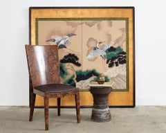 Japanese Showa Period Mounted Screen Manchurian Cranes with Pines