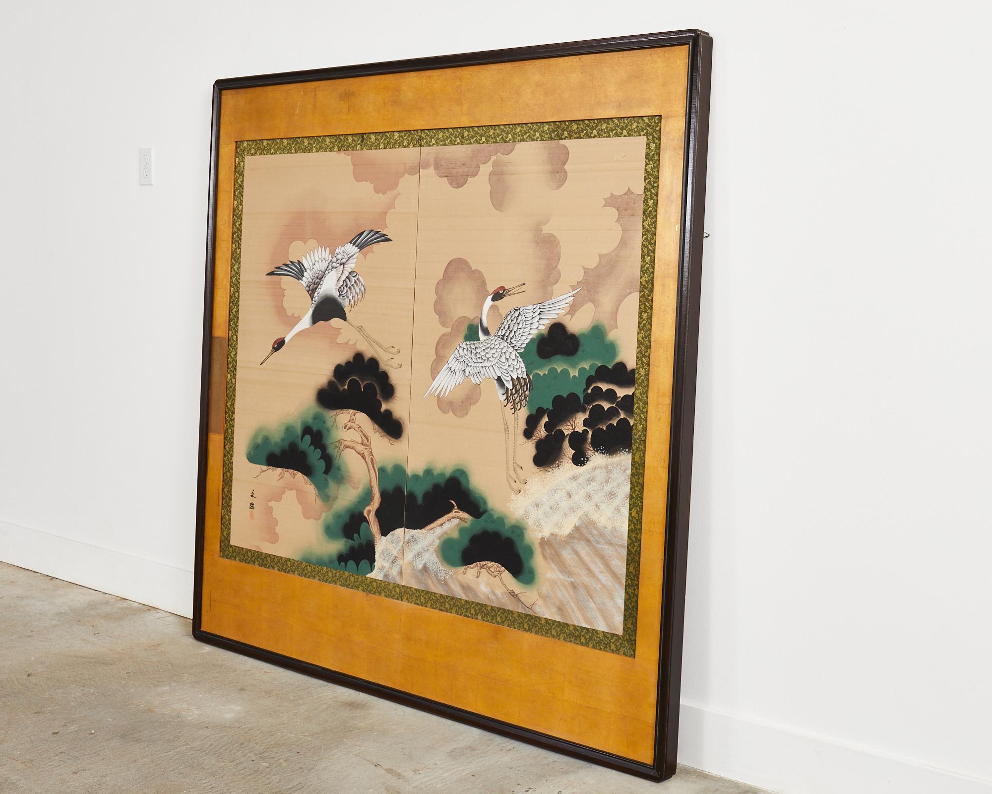20th Century Japanese Showa Period Mounted Screen Manchurian Cranes with Pines For Sale