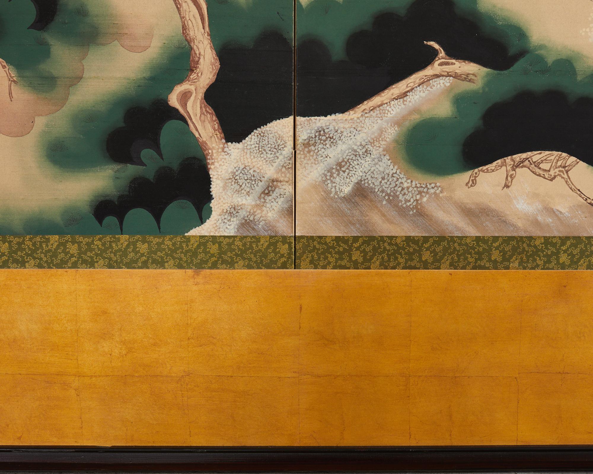Japanese Showa Period Mounted Screen Manchurian Cranes with Pines For Sale 2