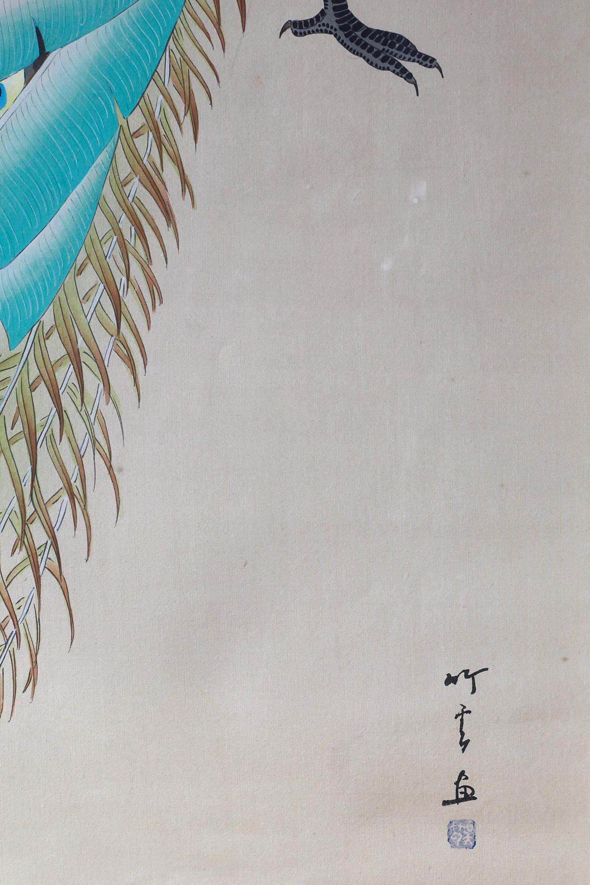 Peint à la main Paons japonais de la période Showa peints sur soie en vente