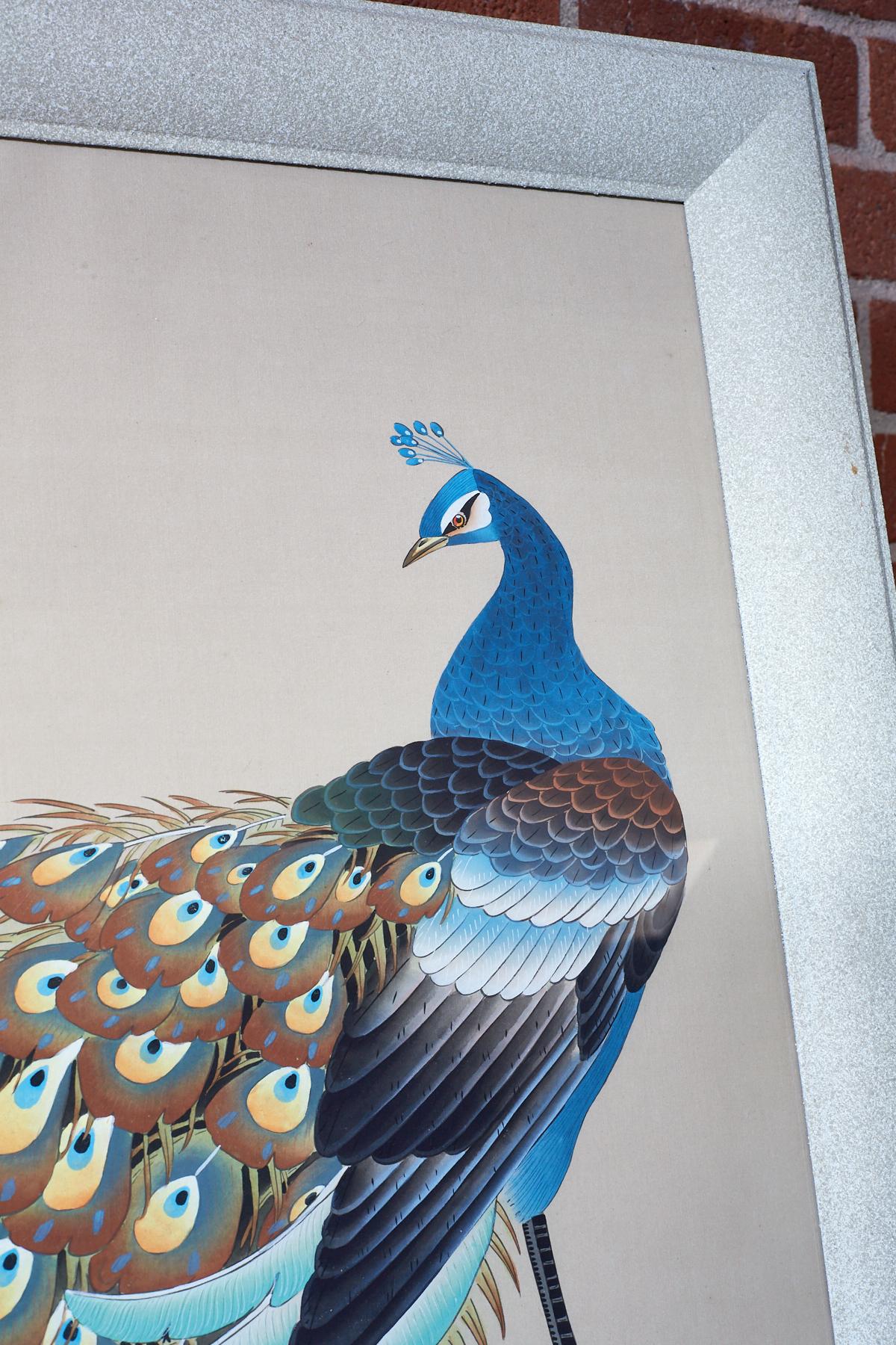 Hand-Painted Japanese Showa Period Peacocks Painted on Silk For Sale