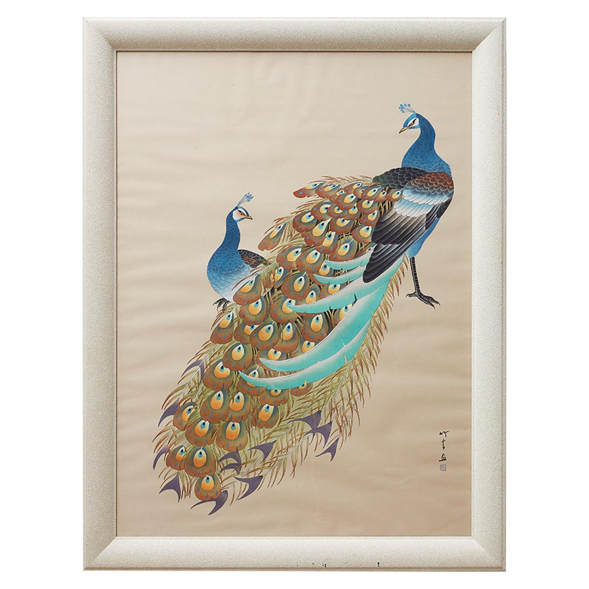 Japanese Showa Period Peacocks Painted on Silk