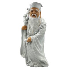 Japanese Showa Period Porcelain Standing Old Man with Staff & Scroll, Ca. 1960