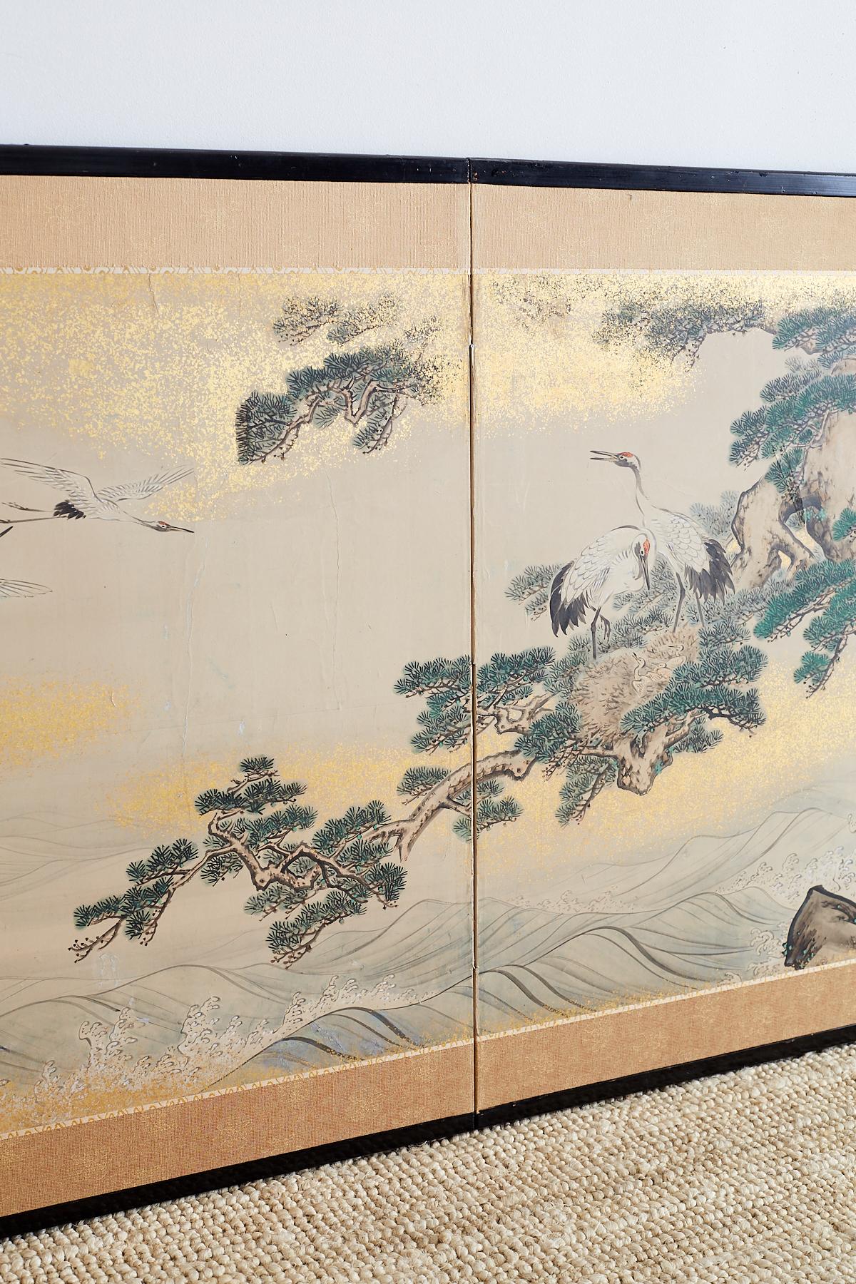 Japanese Showa Period Two-Panel Screen Cranes and Pine 6