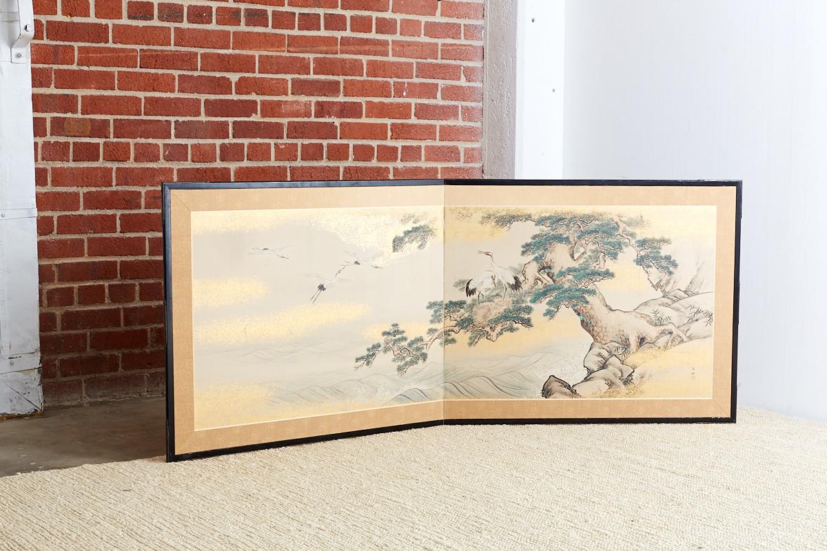 Japanese Showa Period Two-Panel Screen Cranes and Pine 9