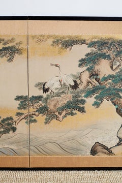 Japanese Showa Period Two-Panel Screen Cranes and Pine