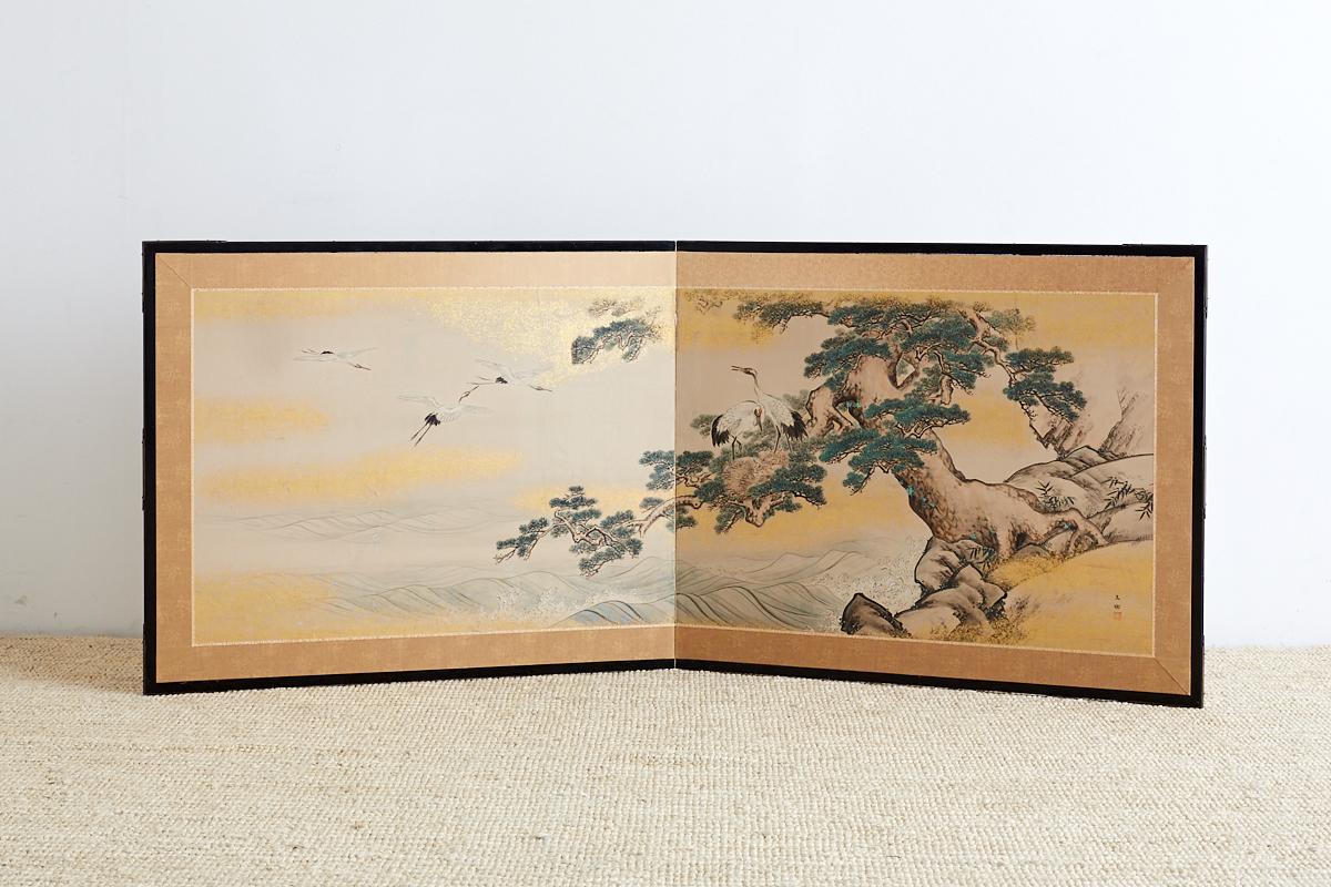 Brass Japanese Showa Period Two-Panel Screen Cranes and Pine