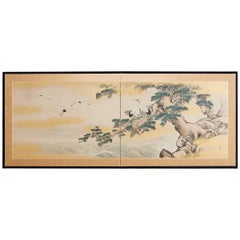 Japanese Showa Period Two-Panel Screen Cranes and Pine