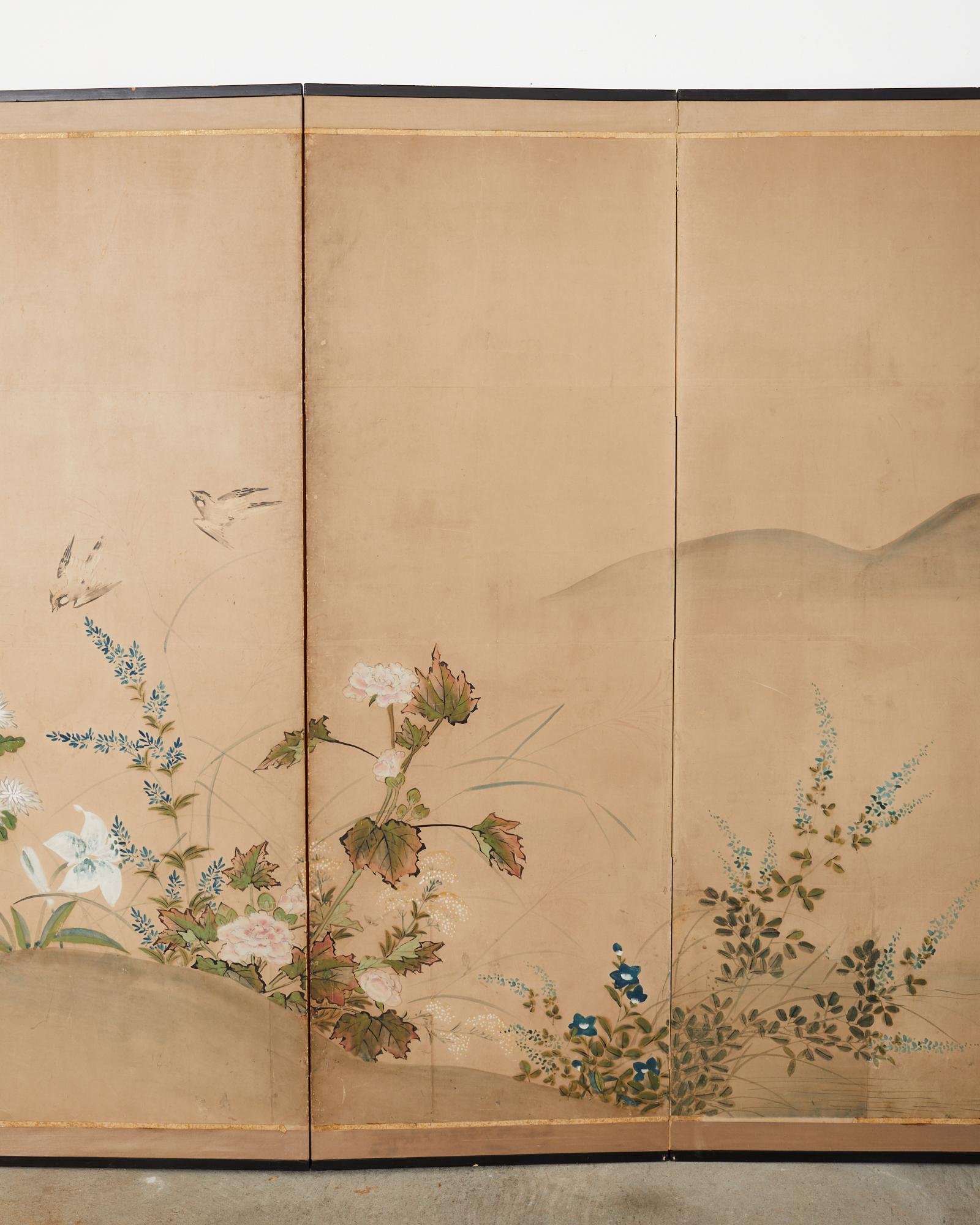 Japanese Showa Six Panel Screen Autumn Ducks and Songbirds In Distressed Condition In Rio Vista, CA