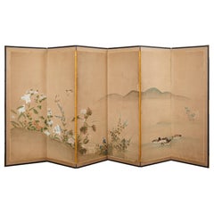 Japanese Showa Six Panel Screen Autumn Ducks and Songbirds