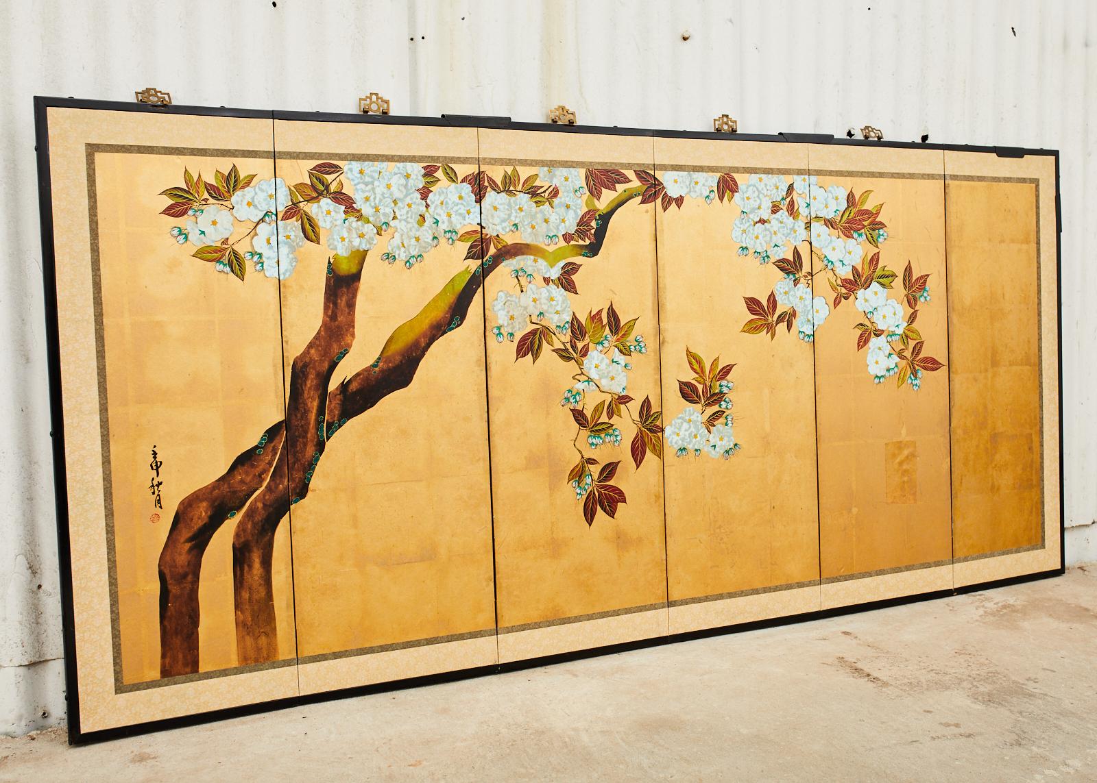 Japanese Showa Six Panel Screen Flowering Cherry Tree 7