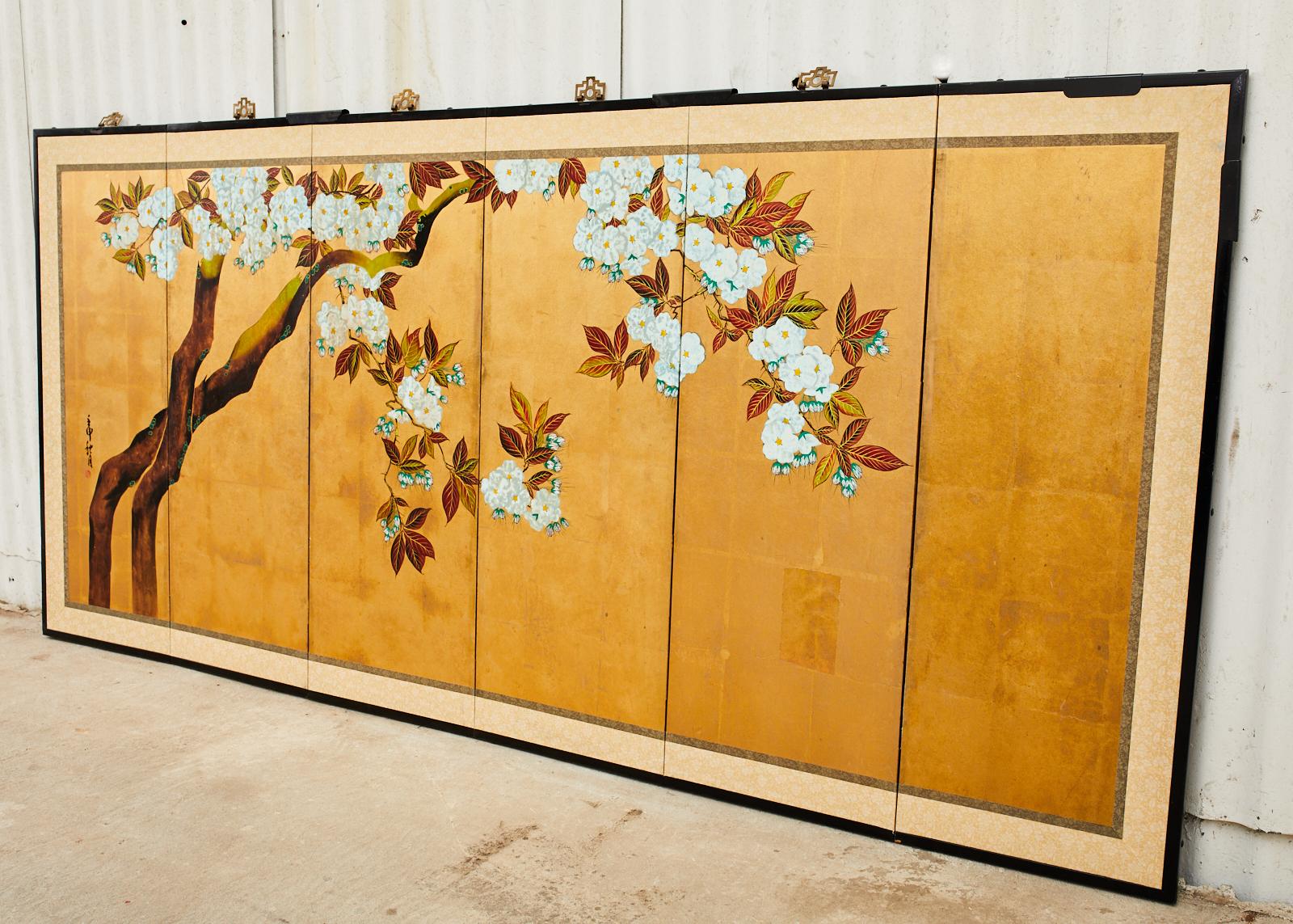 Japanese Showa Six Panel Screen Flowering Cherry Tree 8