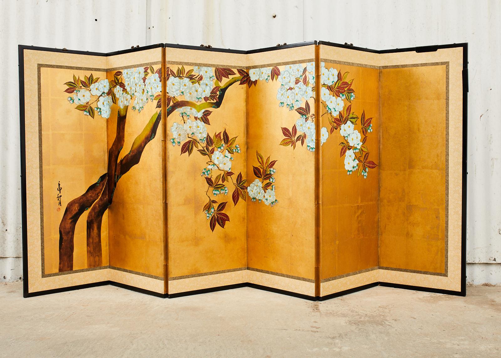 Hand-Crafted Japanese Showa Six Panel Screen Flowering Cherry Tree