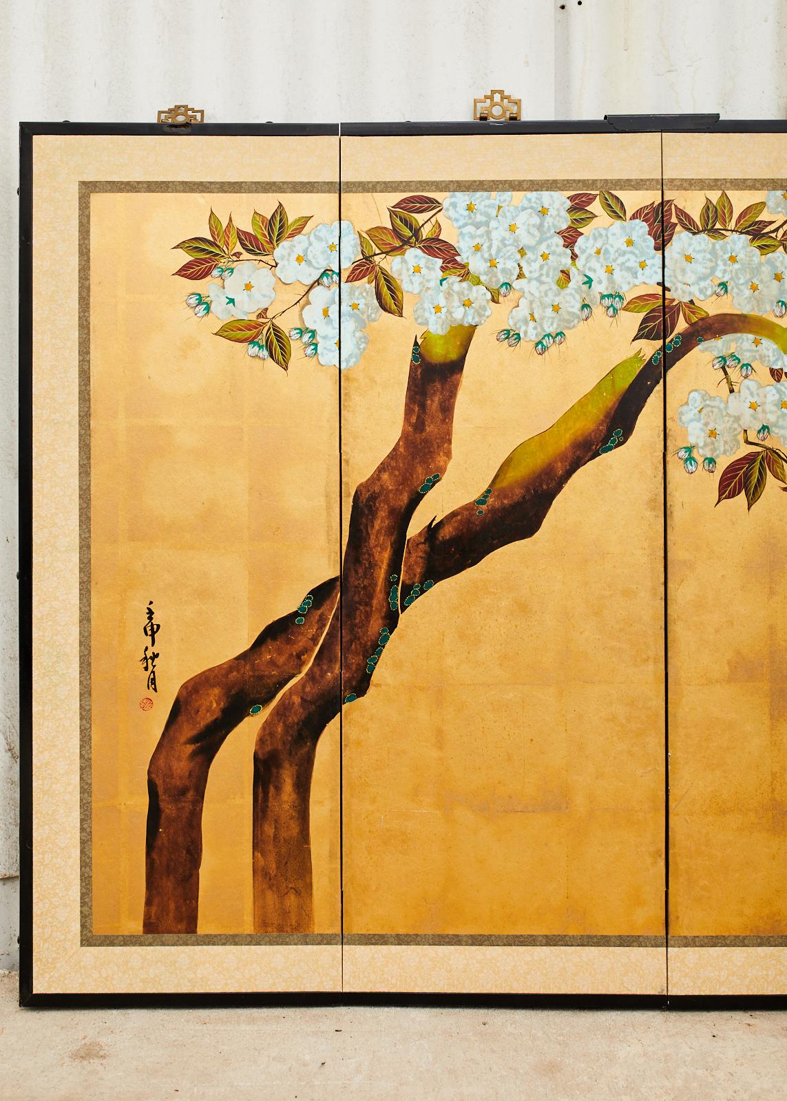 Japanese Showa Six Panel Screen Flowering Cherry Tree In Fair Condition In Rio Vista, CA