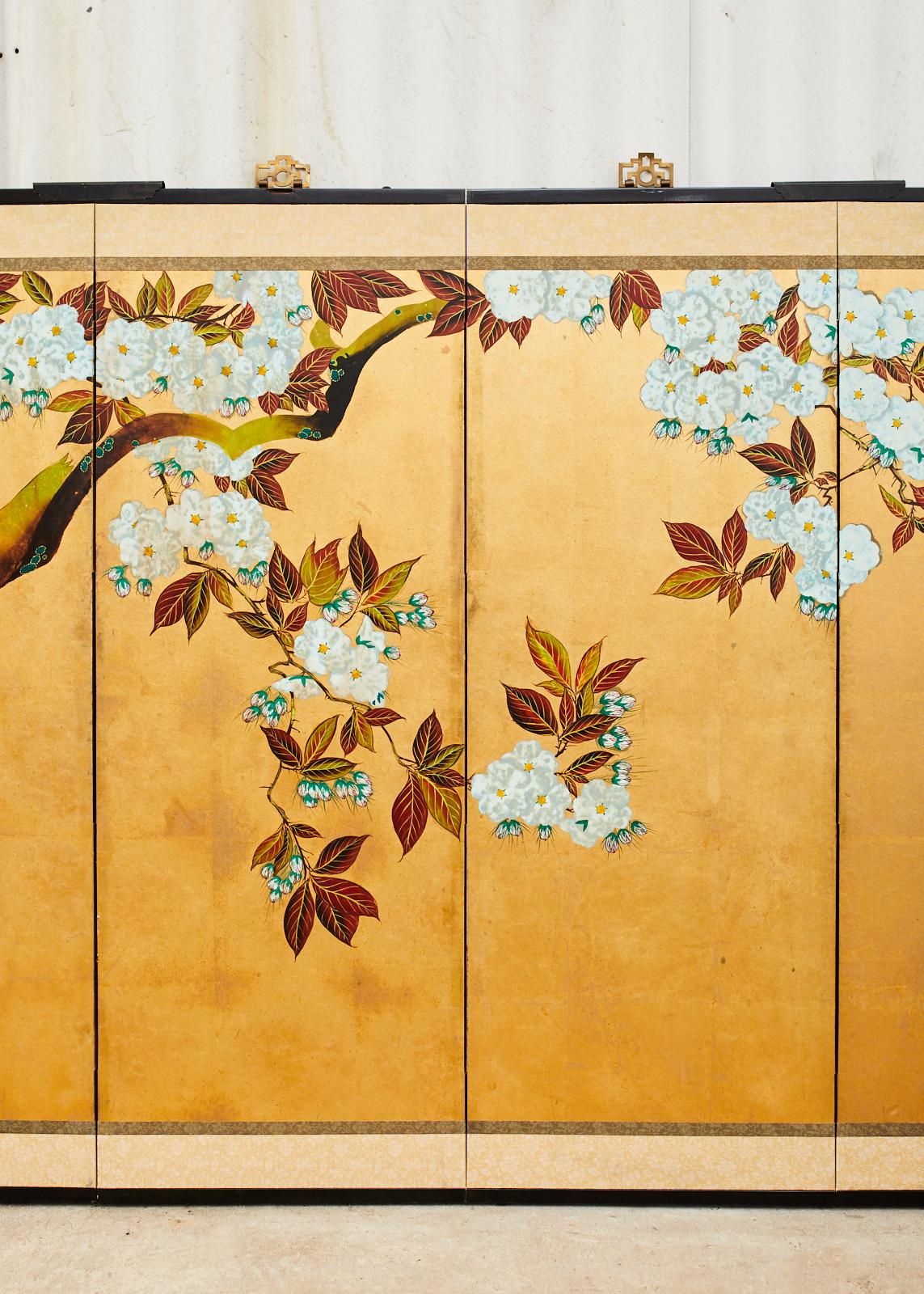 20th Century Japanese Showa Six Panel Screen Flowering Cherry Tree