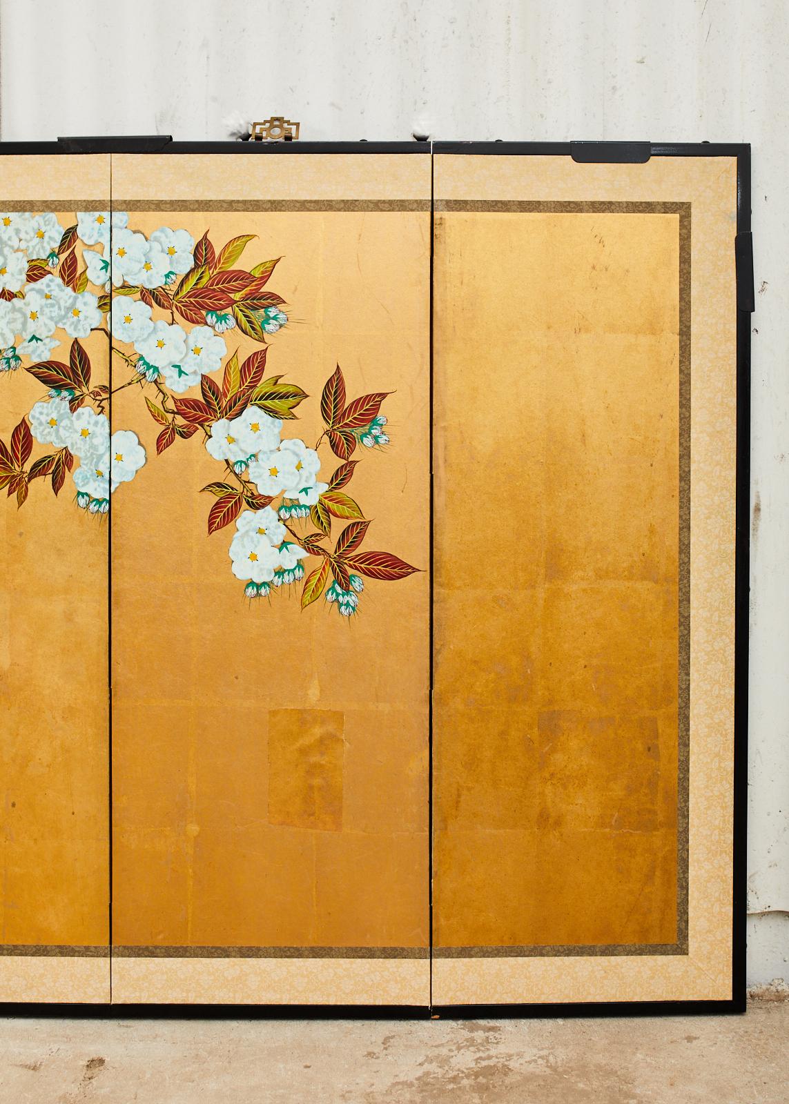 Brass Japanese Showa Six Panel Screen Flowering Cherry Tree