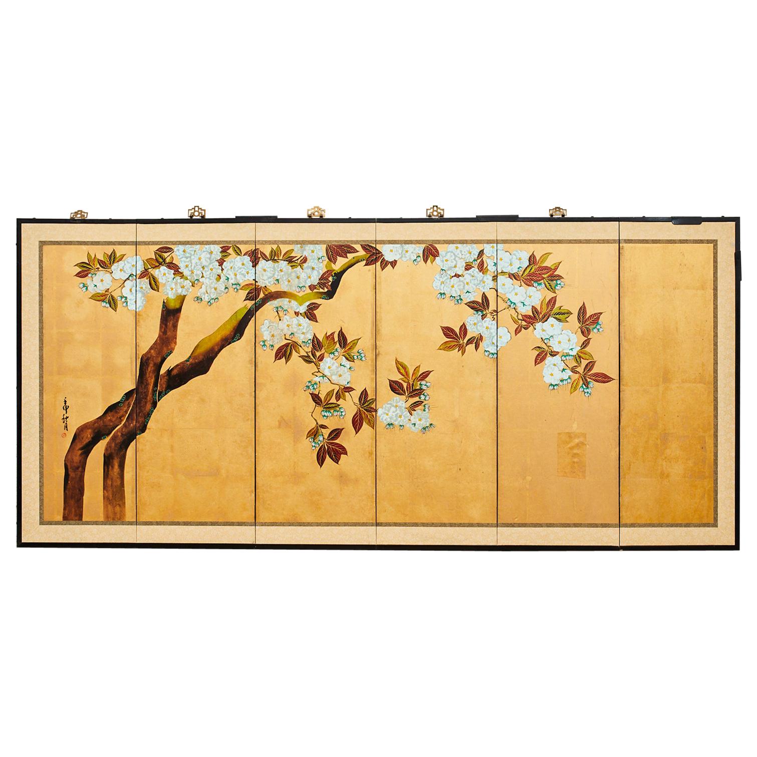 Japanese Showa Six Panel Screen Flowering Cherry Tree