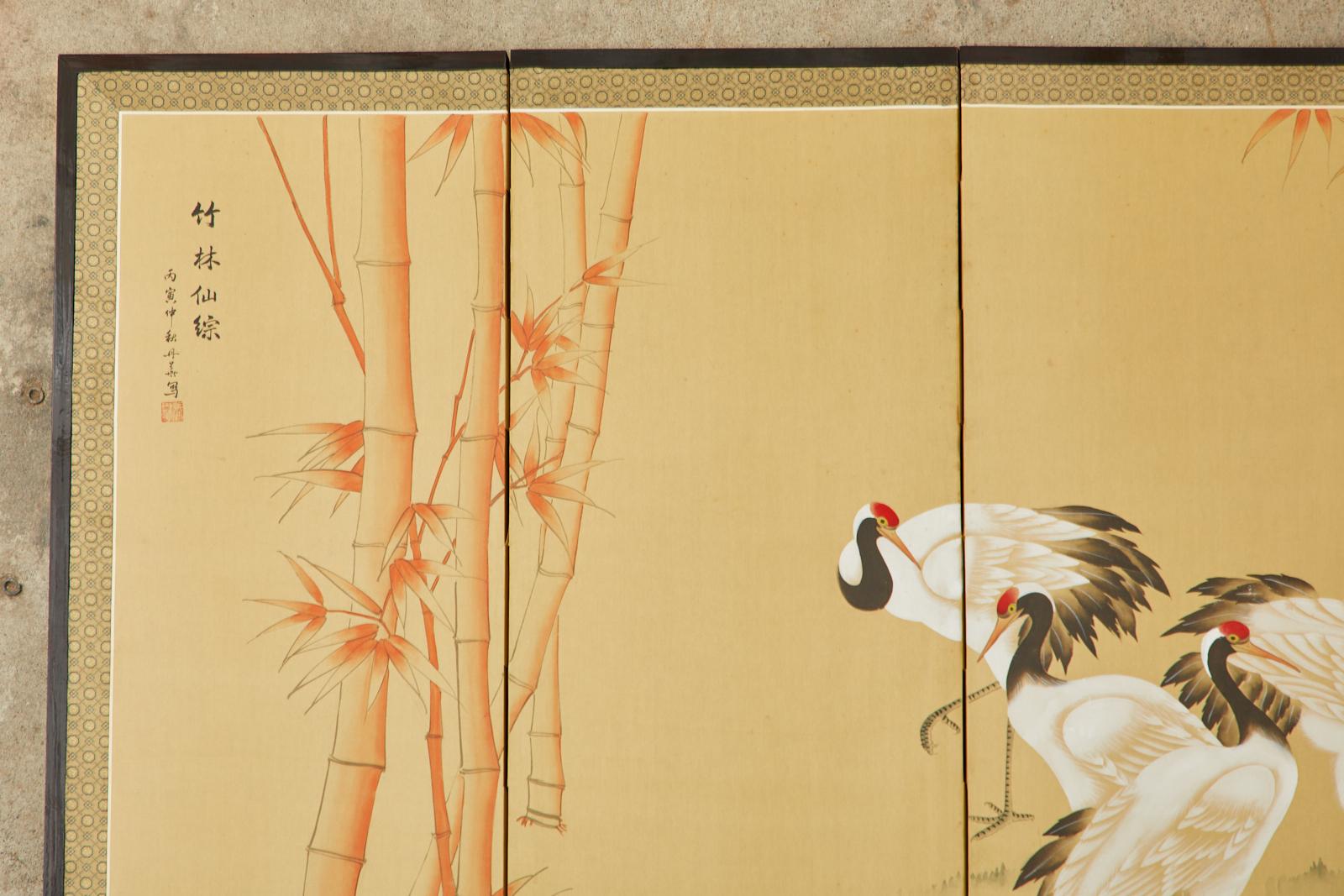 Japanese Showa Six Panel Screen Manchurian Crane Bamboo Grove For Sale 5
