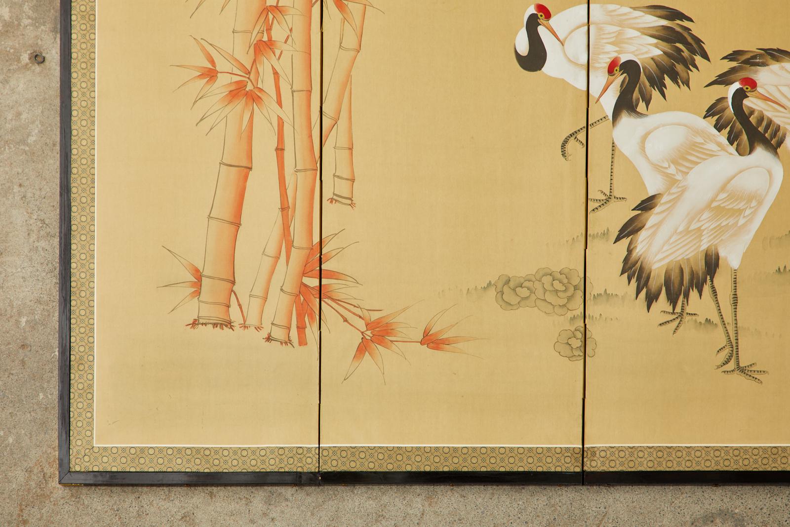 Japanese Showa Six Panel Screen Manchurian Crane Bamboo Grove For Sale 6