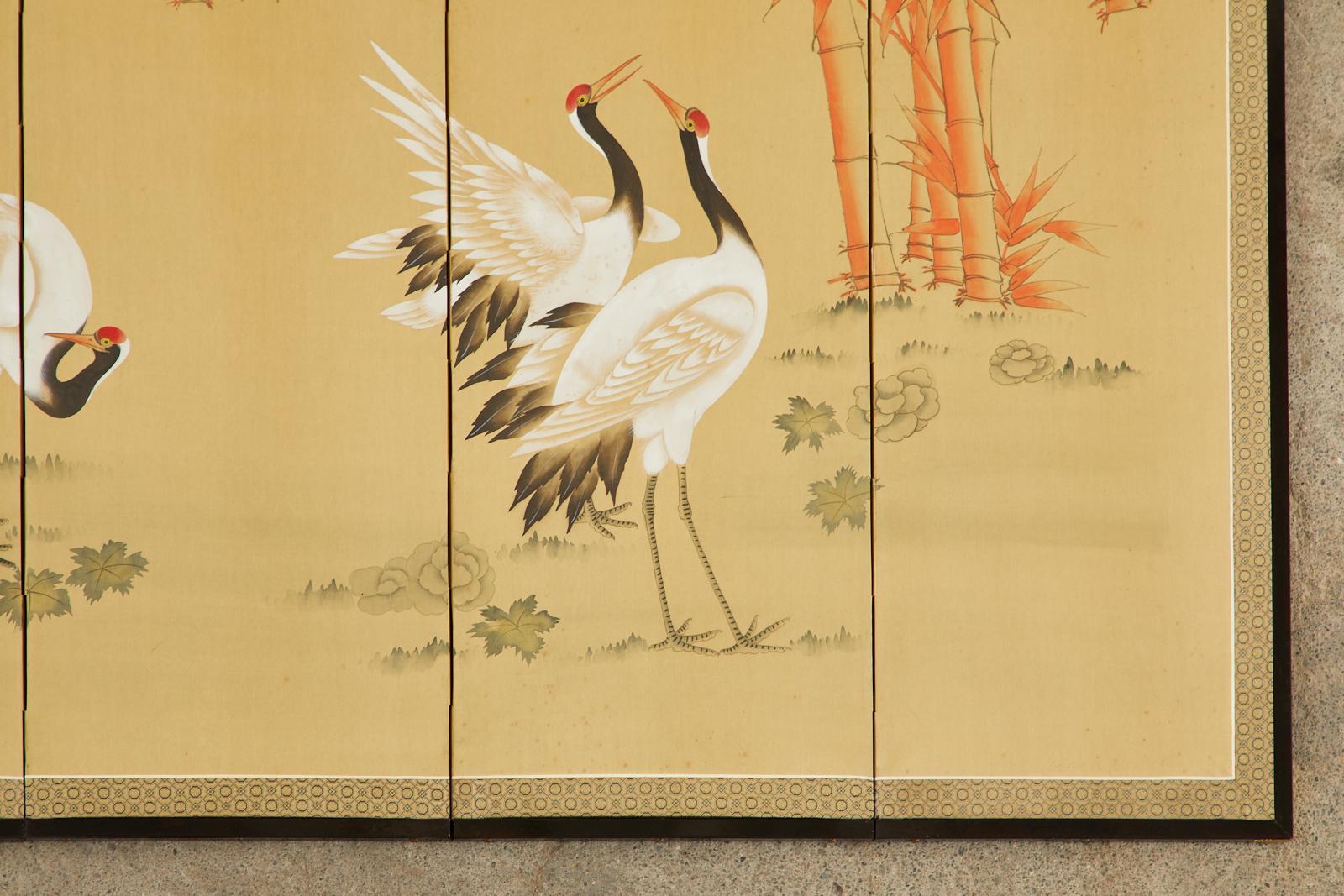 Japanese Showa Six Panel Screen Manchurian Crane Bamboo Grove For Sale 7