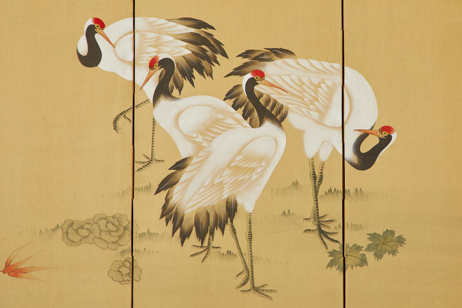 Japanese Showa Six Panel Screen Manchurian Crane Bamboo Grove For Sale 9