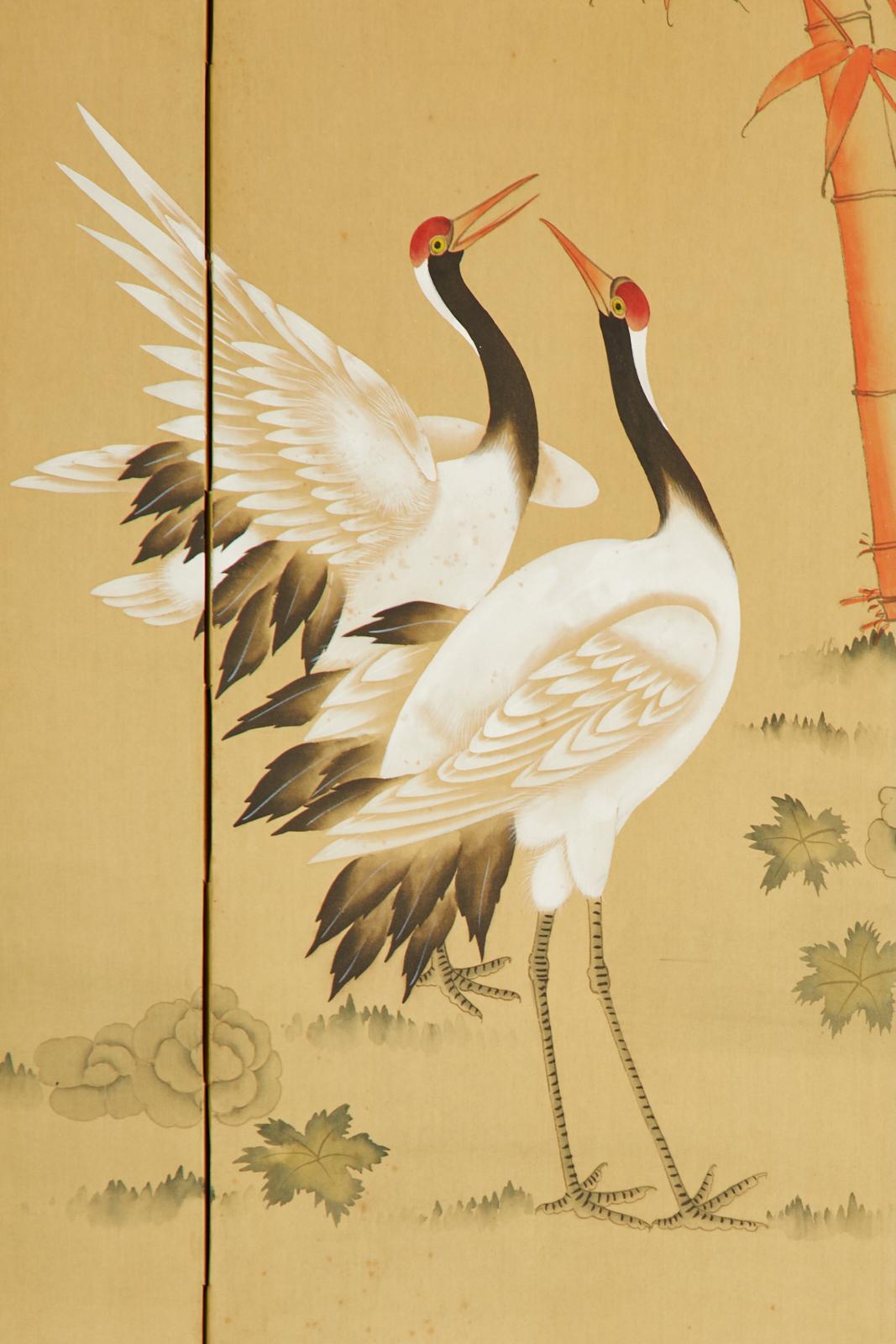 Japanese Showa Six Panel Screen Manchurian Crane Bamboo Grove For Sale 10