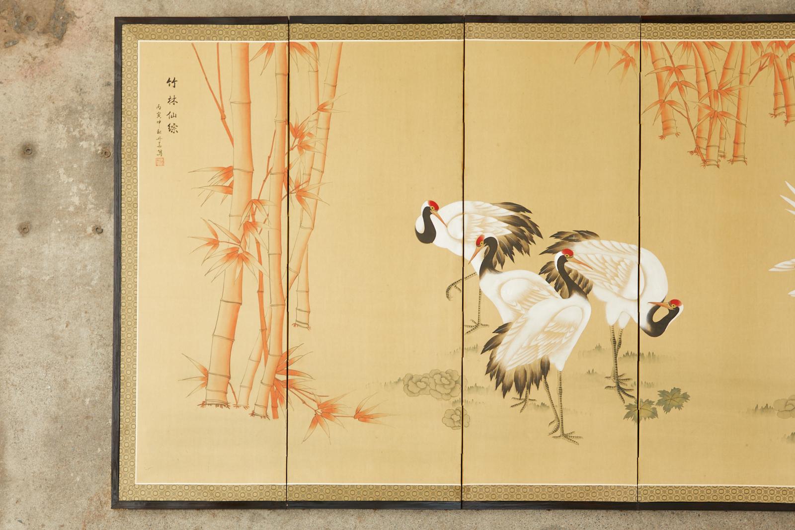 Hand-Crafted Japanese Showa Six Panel Screen Manchurian Crane Bamboo Grove For Sale