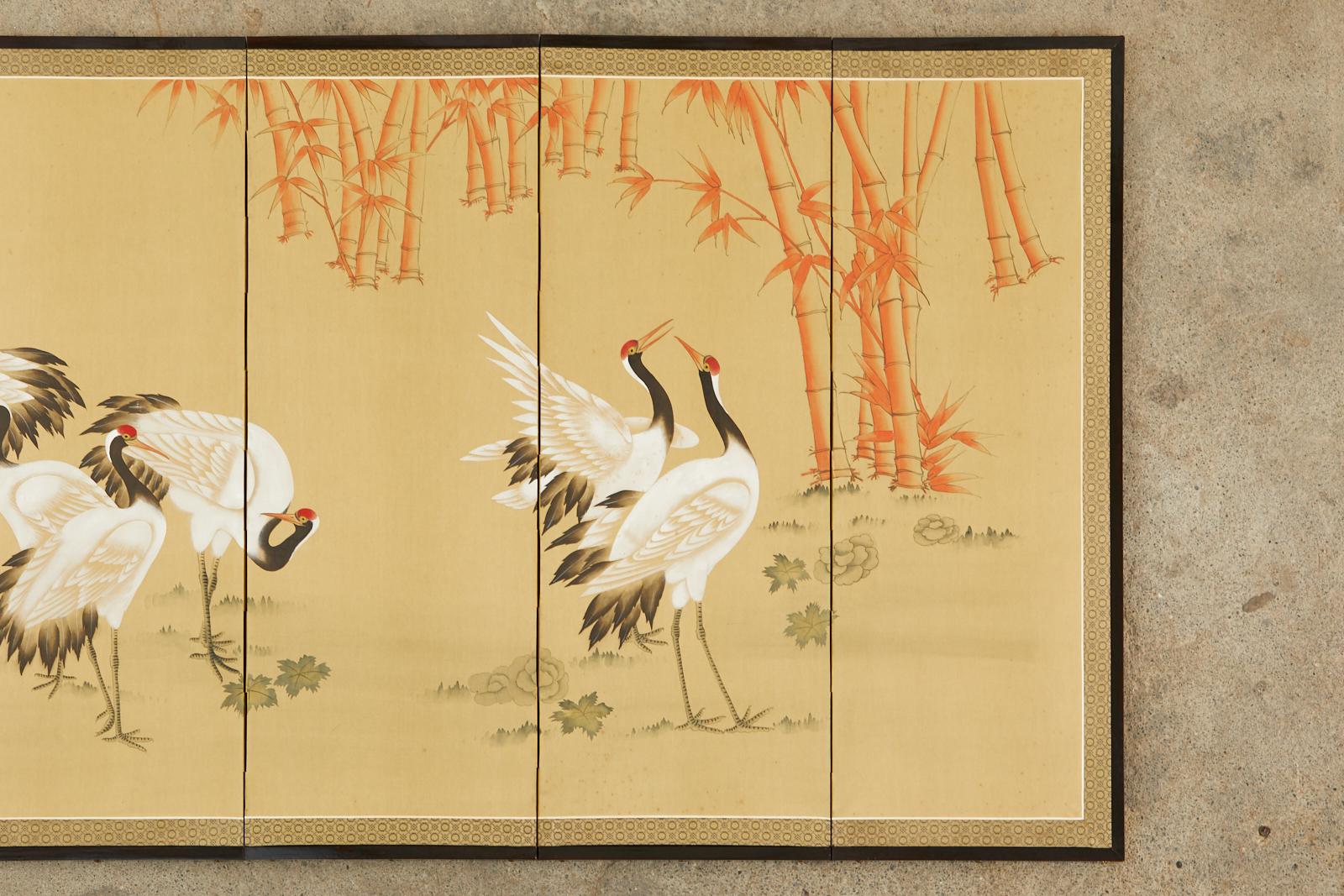 Japanese Showa Six Panel Screen Manchurian Crane Bamboo Grove In Good Condition For Sale In Rio Vista, CA