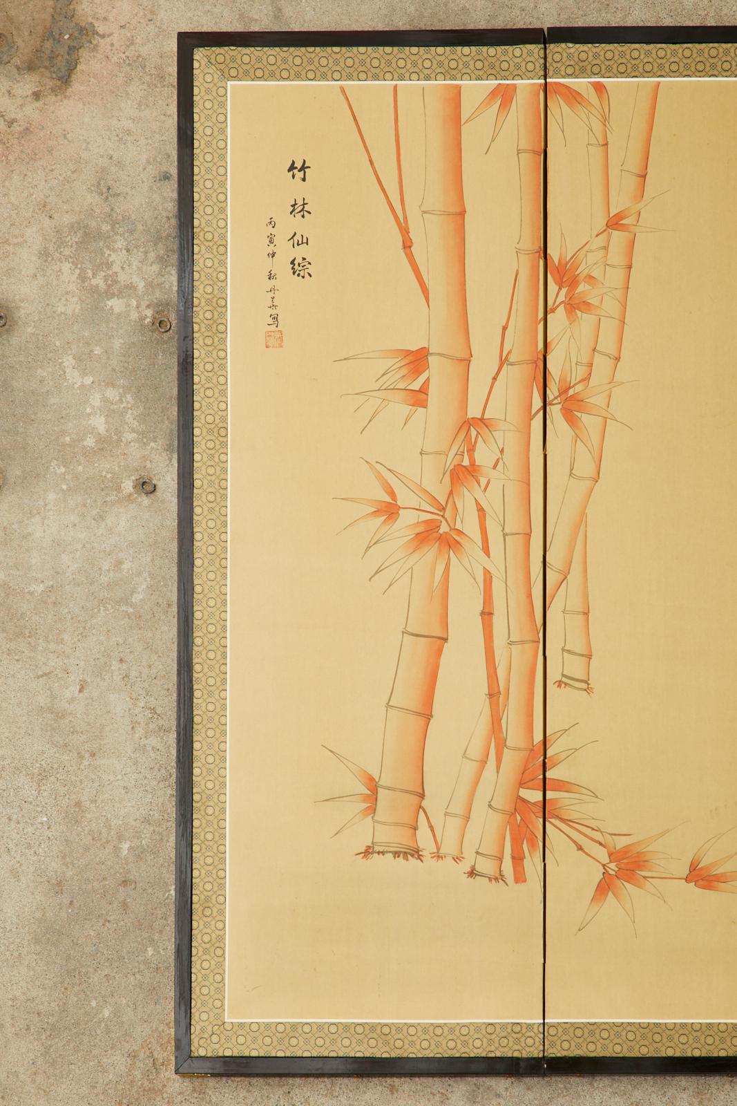 20th Century Japanese Showa Six Panel Screen Manchurian Crane Bamboo Grove For Sale